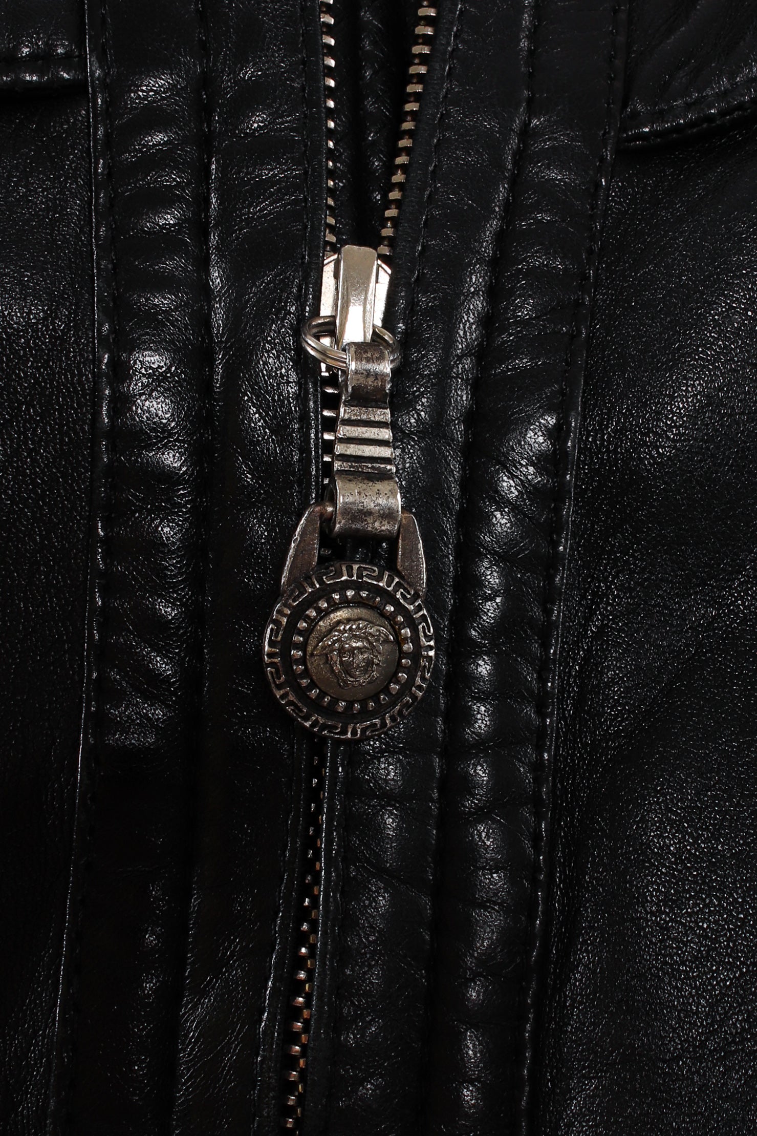 Vintage Gianni Versace Leather Bomber Jacket medusa emblem zipper pull @ Recess LA