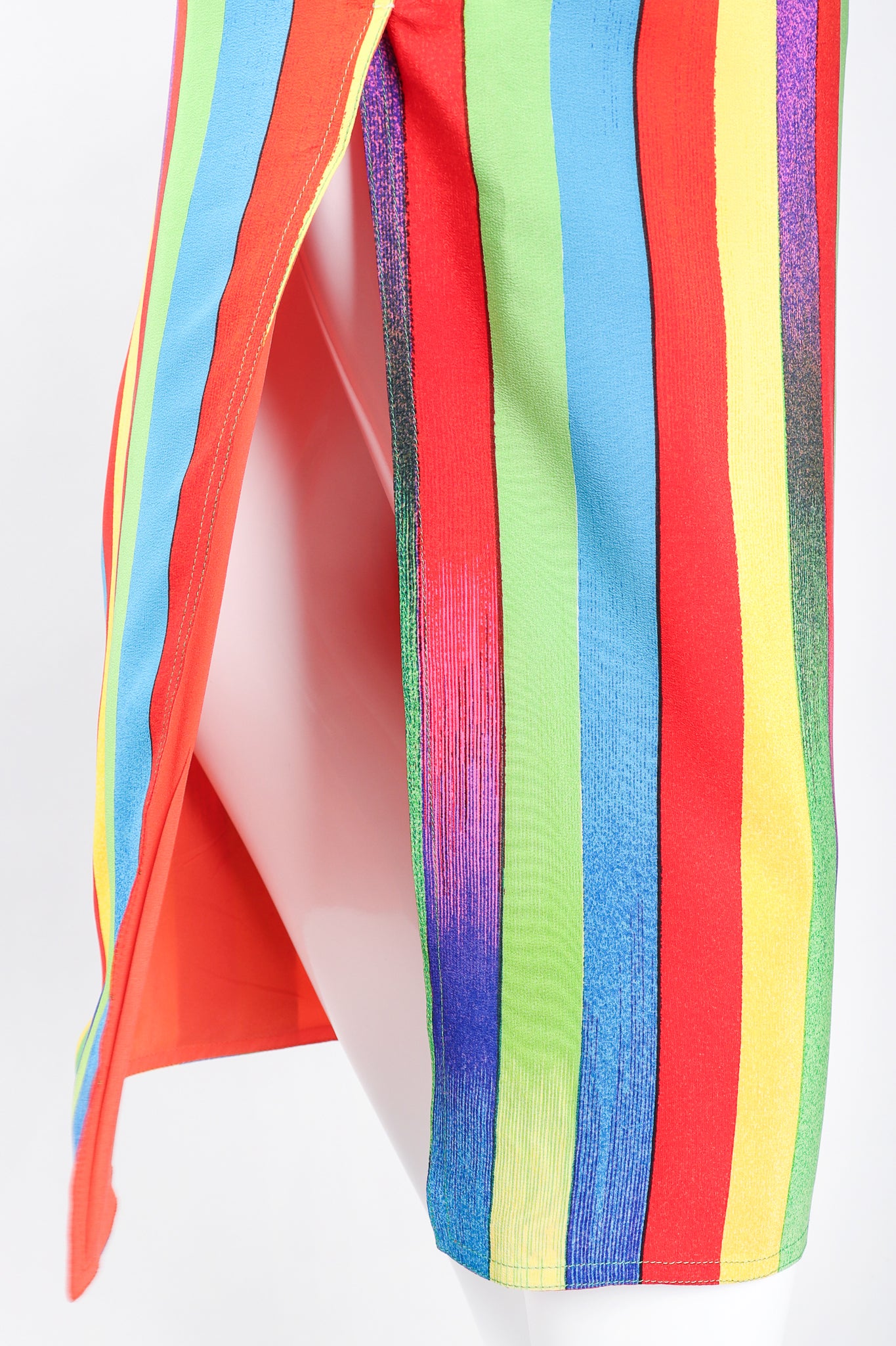 Vintage Versace Carnival Stripe Skirt Set on Mannequin Slit at Recess Los Angeles