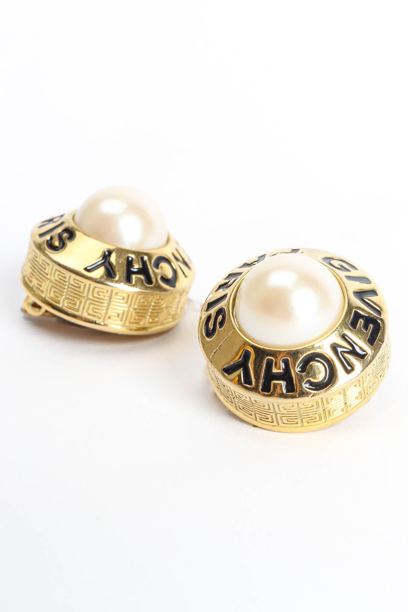 Vintage Givenchy Pearl Button Earrings greek key detail @ Recess Los Angeles