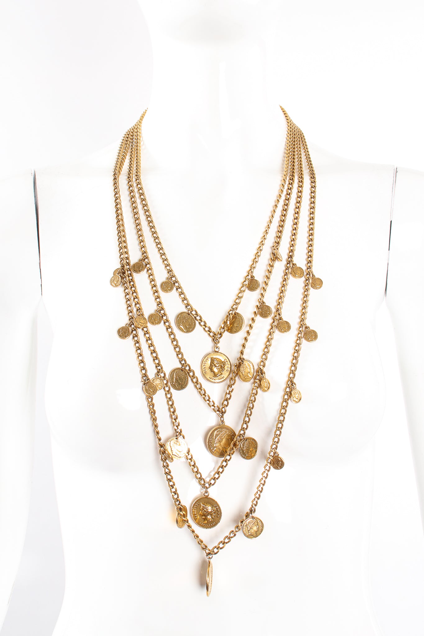 Vintage Goldette Multi-Strand Layered Coin Necklace on mannequin at Recess Los Angeles