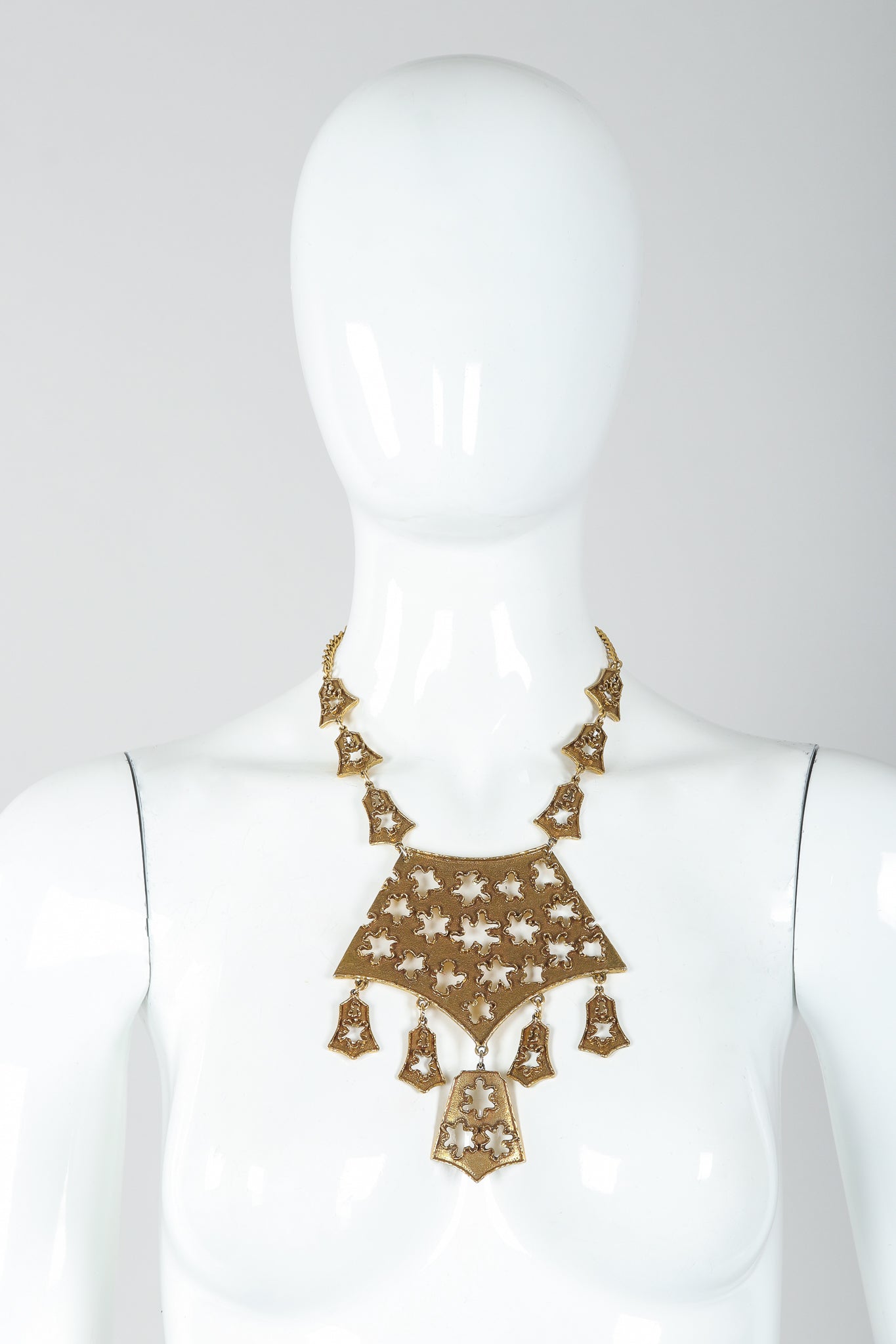 Vintage Goldette Brutalist Splatter Plate Cutout Necklace on Mannequin at Recess Los Angeles