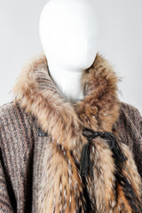 Vintage 70s Gucci Fur Trim Tweed Cocoon Coat on Mannequin, neckline at Recess Los Angeles