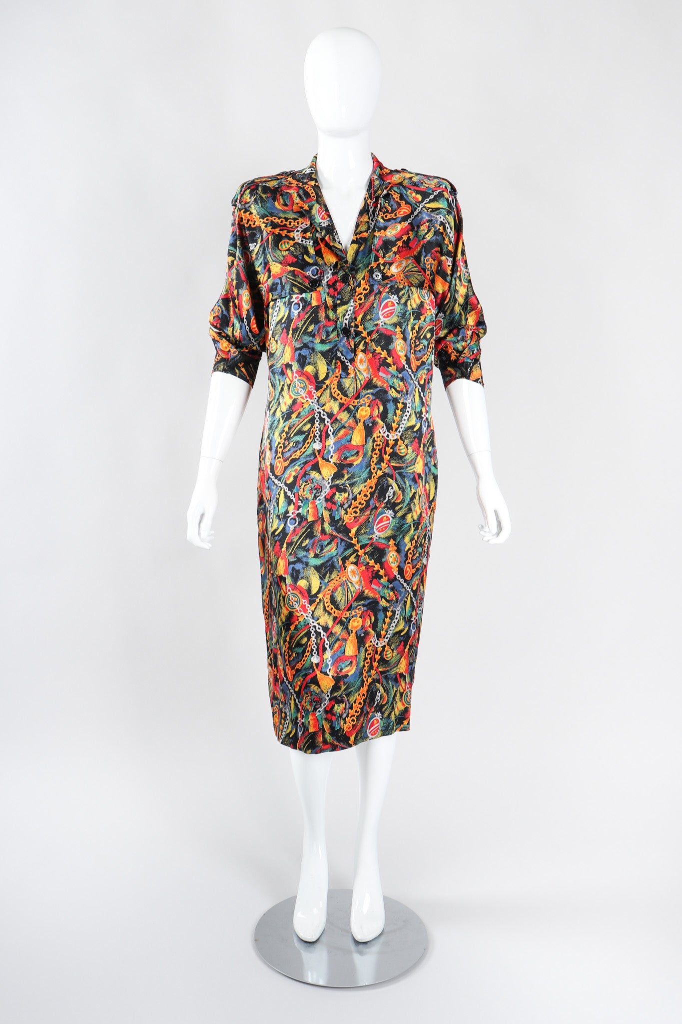 Recess Los Angeles Vintage Gucci Chain Print Silk Trench Shift Shirt Dress