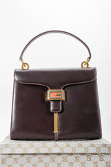 Vintage Gucci 70s Leather Logo G Clasp Satchel Handbag with box at Recess Los Angeles