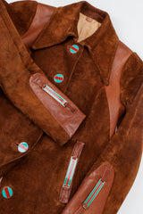 Vintage Gucci 1970s Cognac Suede Iconic Enamel Web Trench Coat Front Detail