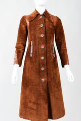 Vintage Gucci 1970s Cognac Suede Iconic Enamel Web Trench Coat on Mannequin front, at Recess