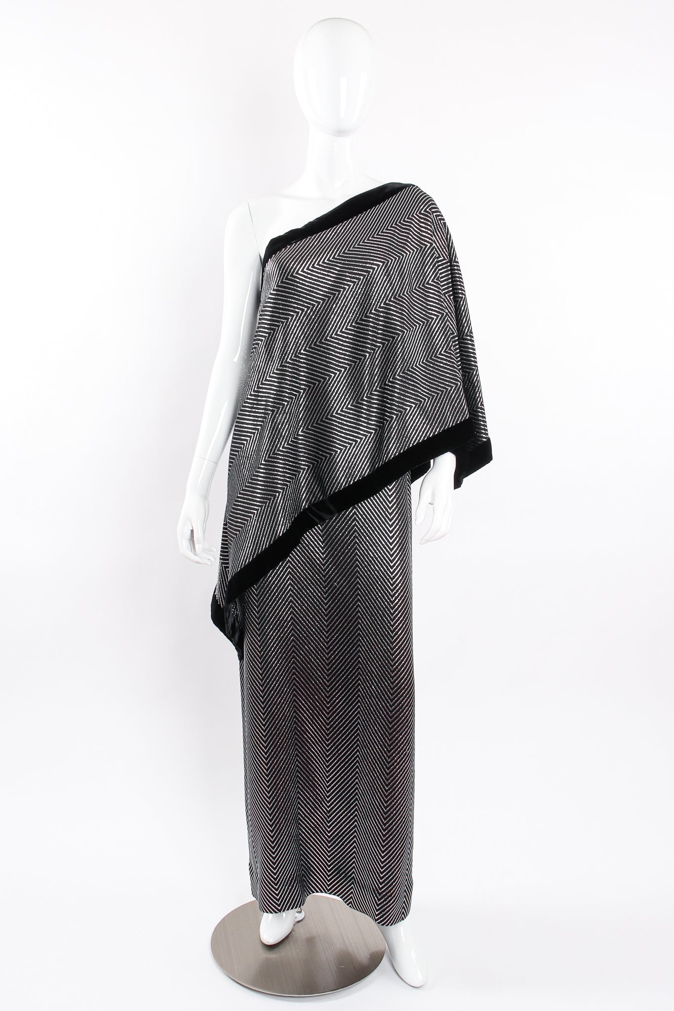 Vintage Gucci Metallic Silver Stripe Sari Shawl Dress on mannequin front at Recess Los Angeles