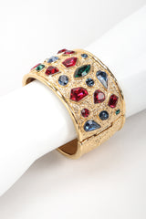 Recess Vintage Guy Laroche Gold Hinged Cuff Bracelet With Faux Gemstones Front on Mannequin Arm Close Up