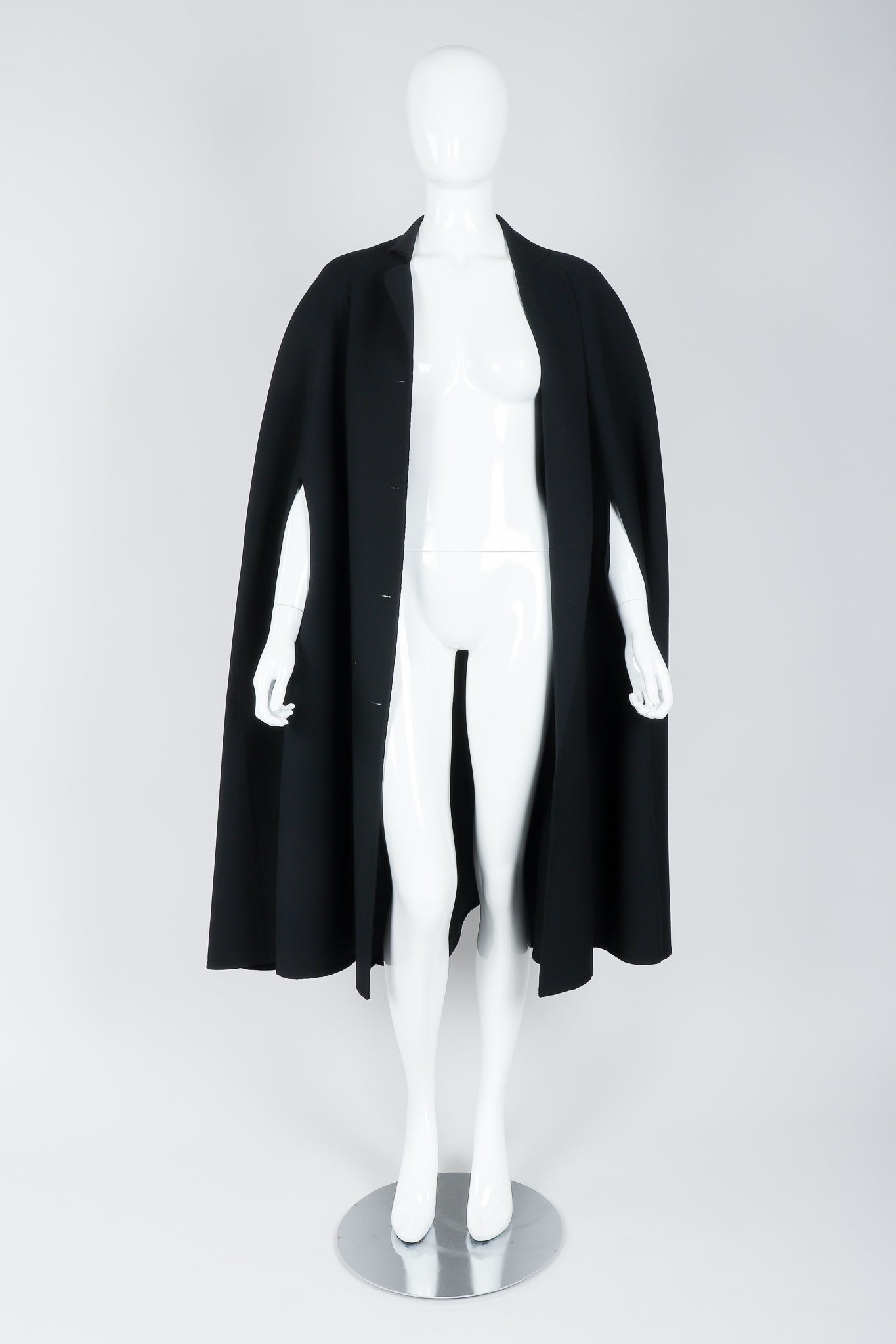 Vintage Halston Long Black Wool Cape open on Mannequin At Recess Los Angeles