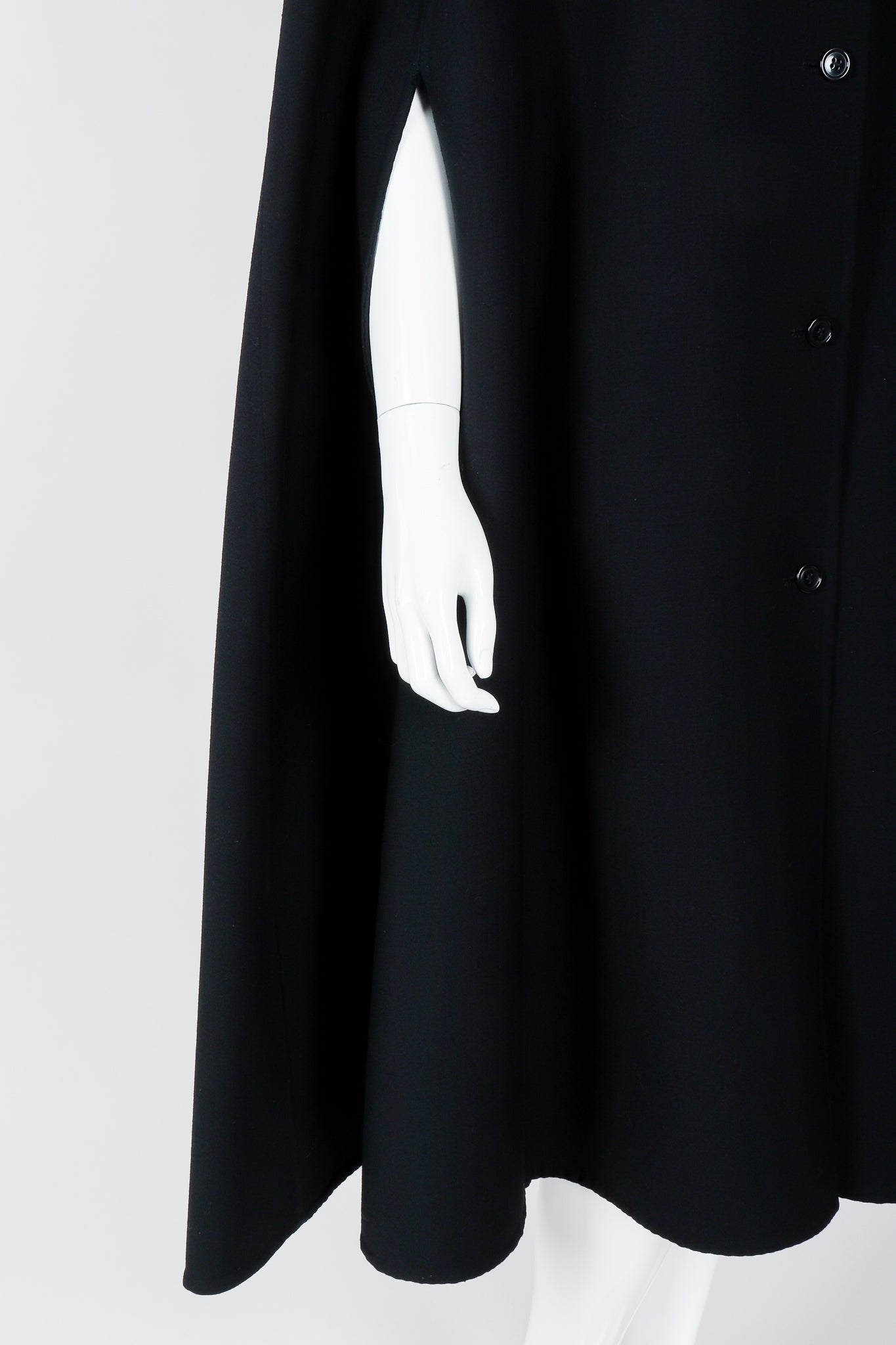Vintage Halston Long Black Wool Cape arm hole on Mannequin At Recess Los Angeles