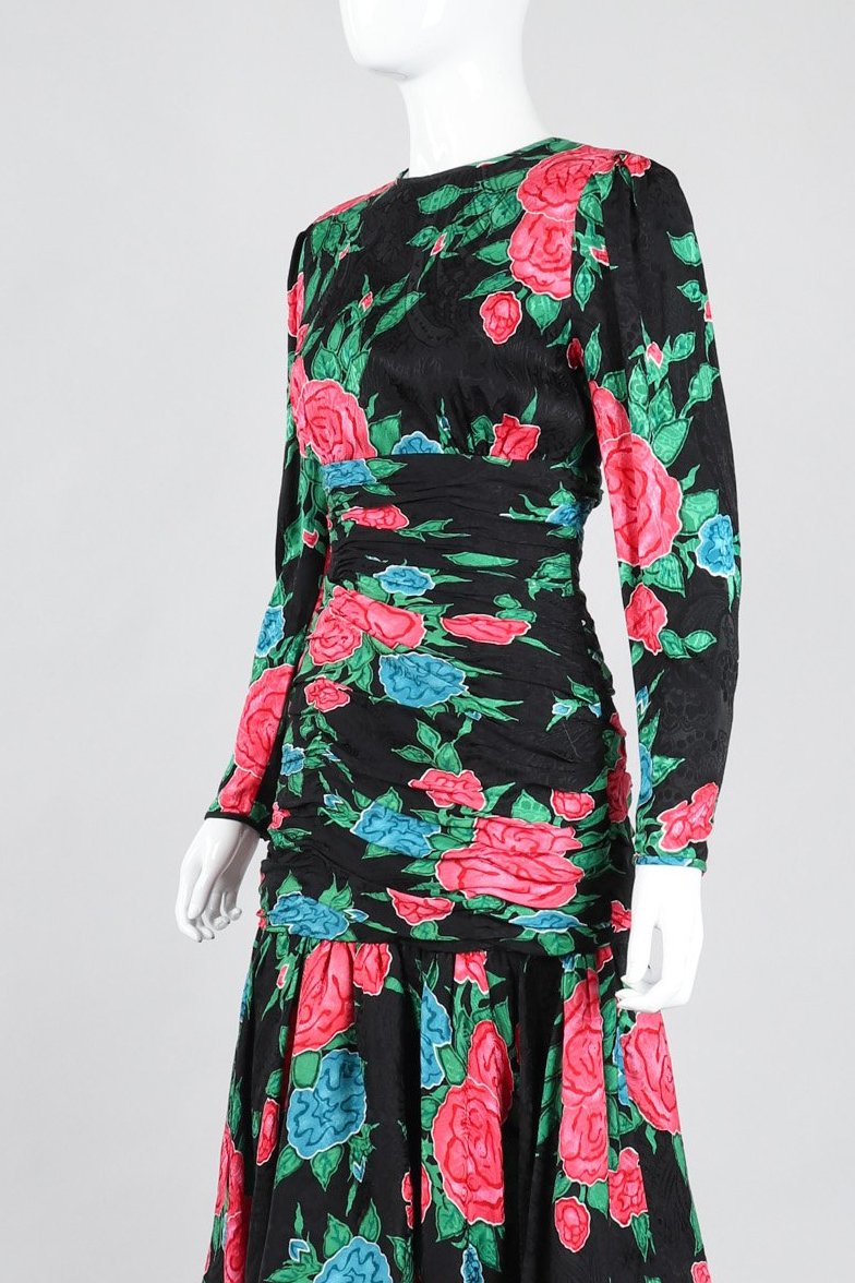 Recess Los Angeles Vintage Hanae Mori Ruched Roses Silk Dress