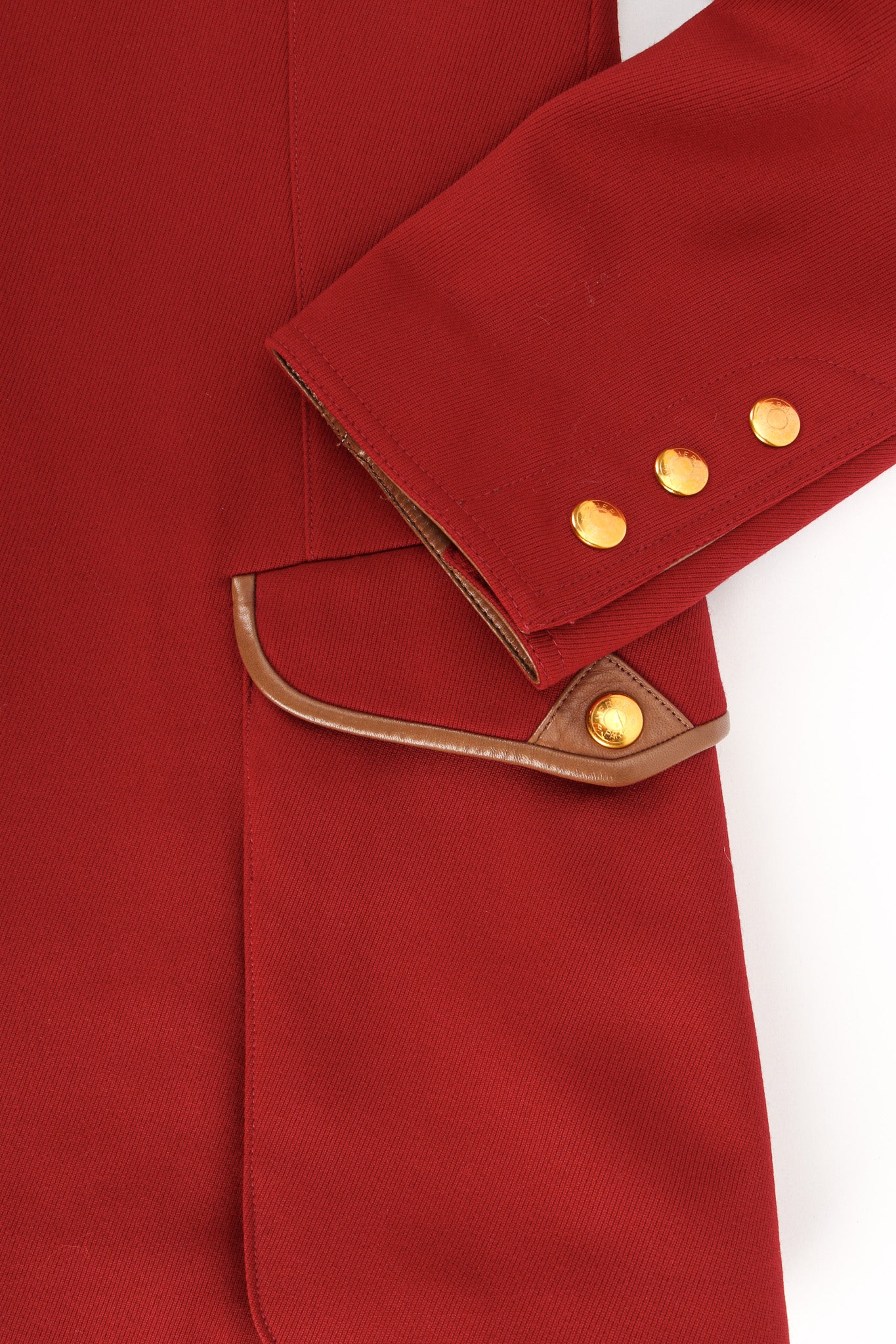 Vintage Hermés Leather Contrast Wool Blazer sleeve button/pocket close up @ Recess LA