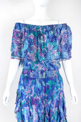 Recess Los Angeles Designer Consignment Vintage I.Magnin Sequin Silk Watercolor Off The Shoulder Peasant Dress Resale Recycled