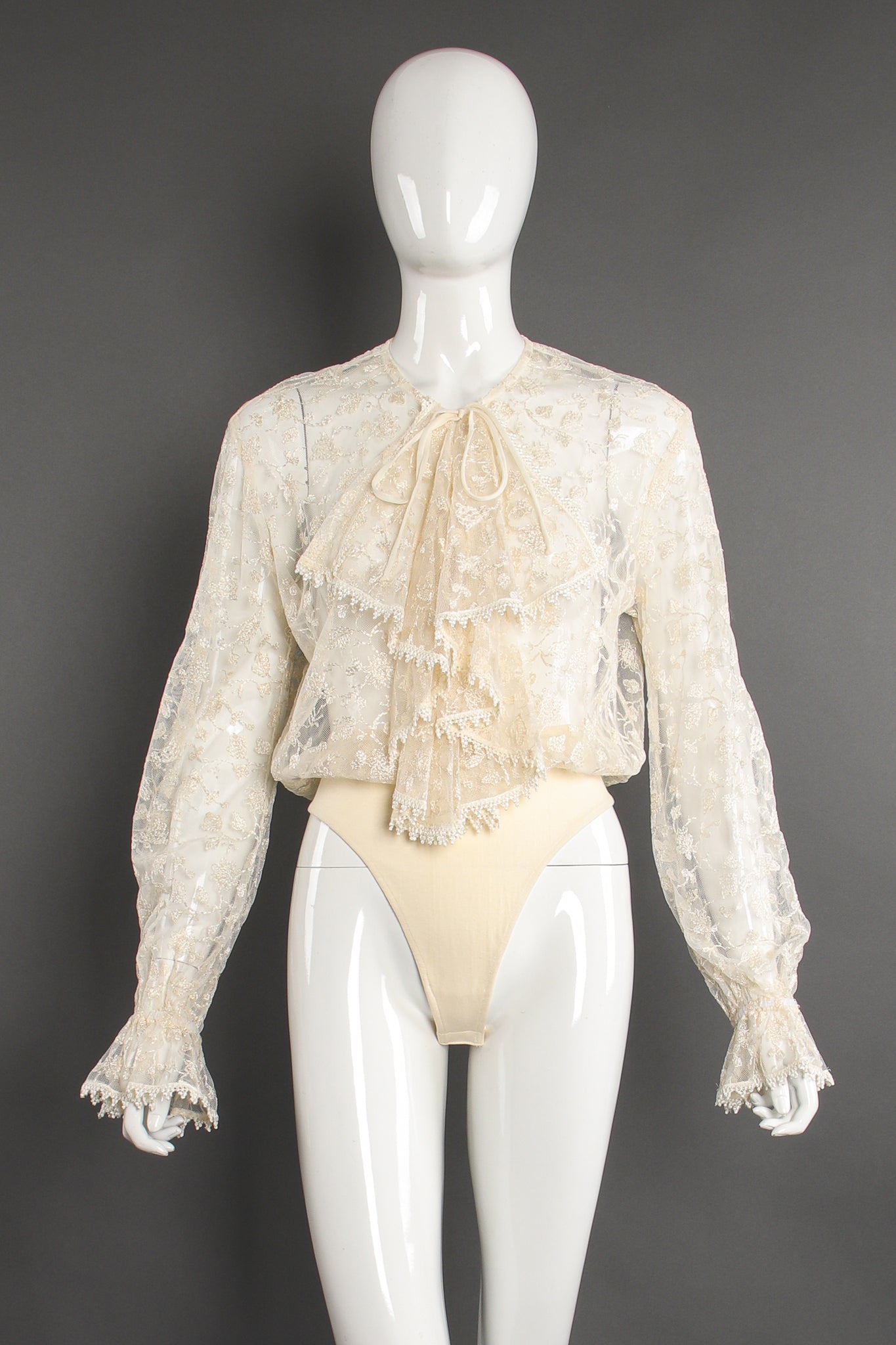 Vintage I.Magnin RBG Sheer Lace Jabot Bodysuit on Mannequin front at Recess LA Ruth Bader Ginsburg