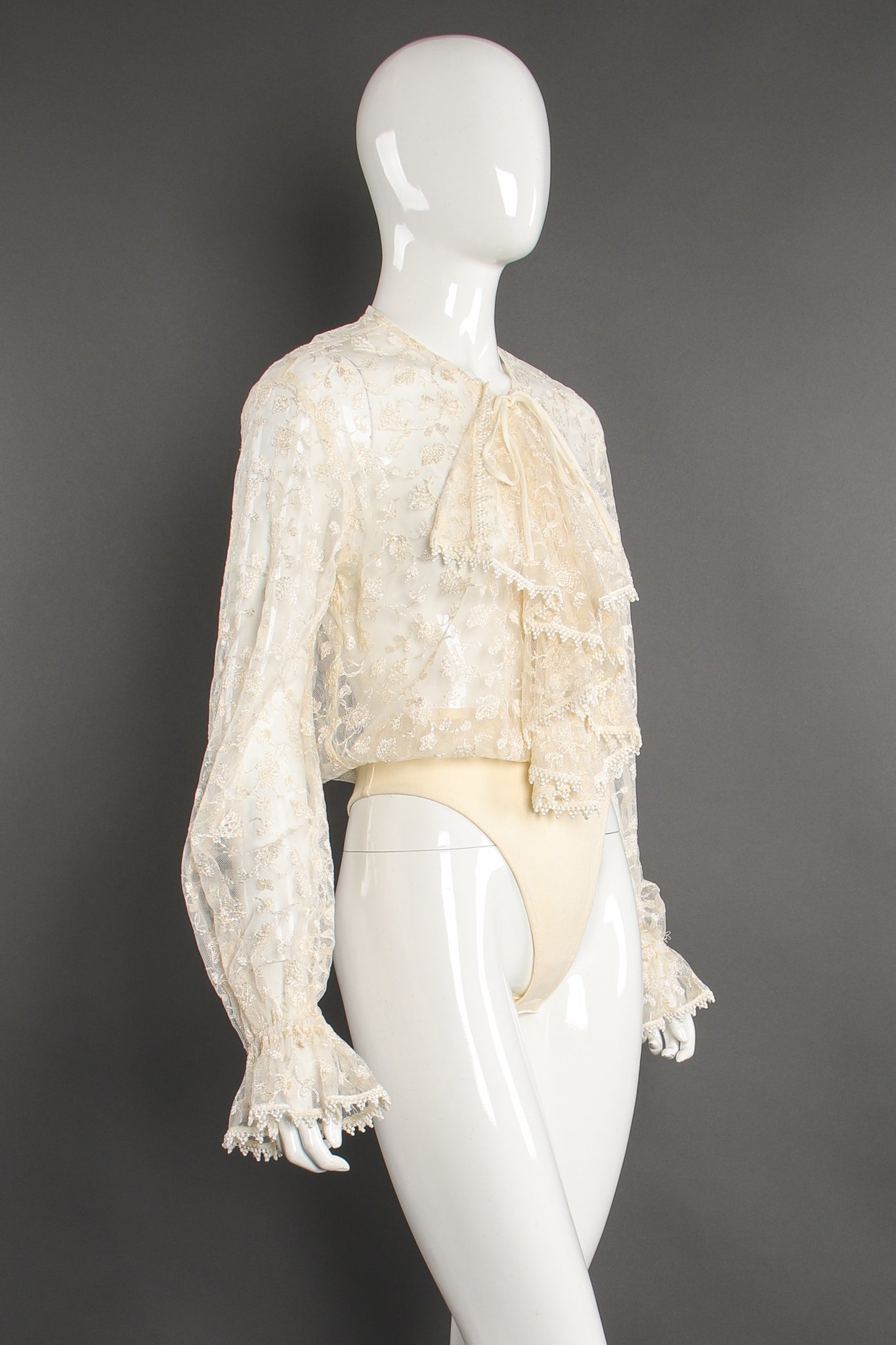 Vintage I.Magnin Sheer Lace RBG Jabot Bodysuit on Mannequin angle at Recess LA Ruth Bader Ginsburg