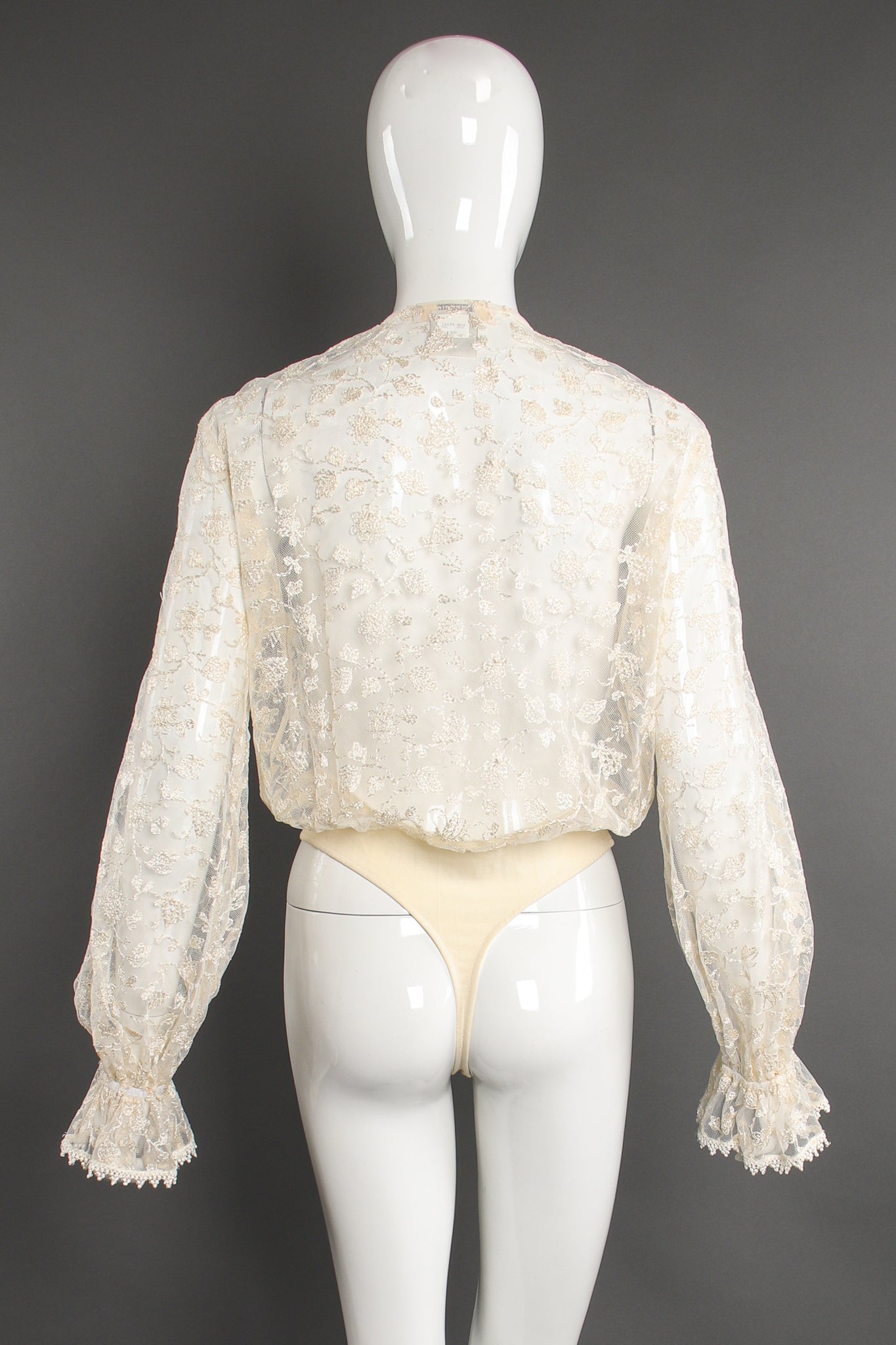 Vintage I.Magnin Sheer Lace Jabot Bodysuit on Mannequin back at Recess Los Angeles