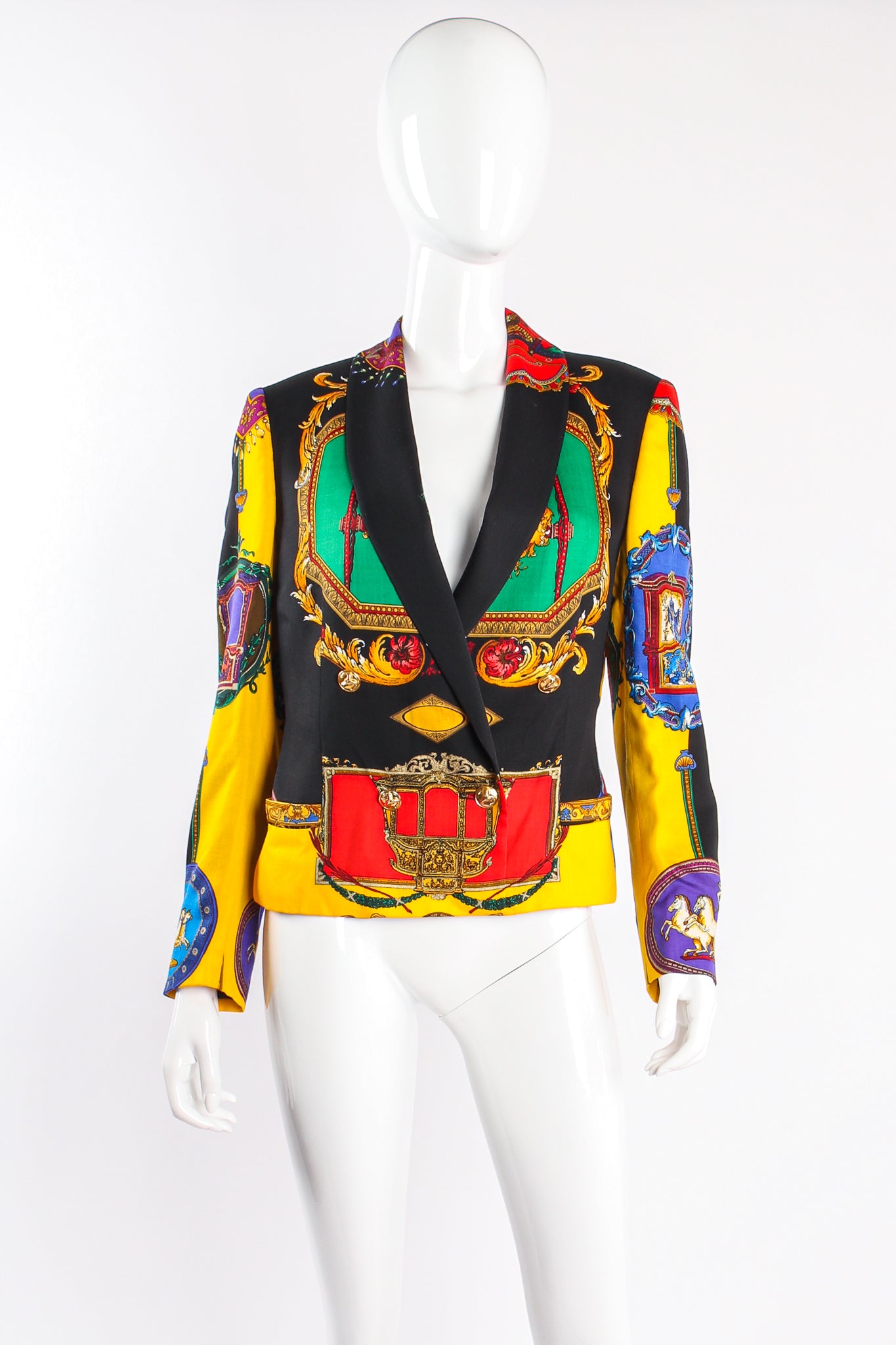Vintage Istante Versace Rainbow Baroque Print Jacket Suit on mannequin front at Recess LA