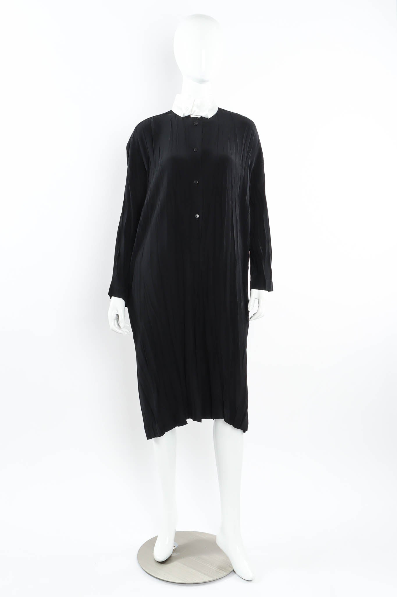 Vintage Issey Miyake Crinkle Pleat Tunic Suit Dress mannequin front white tie @ Recess Los Angeles