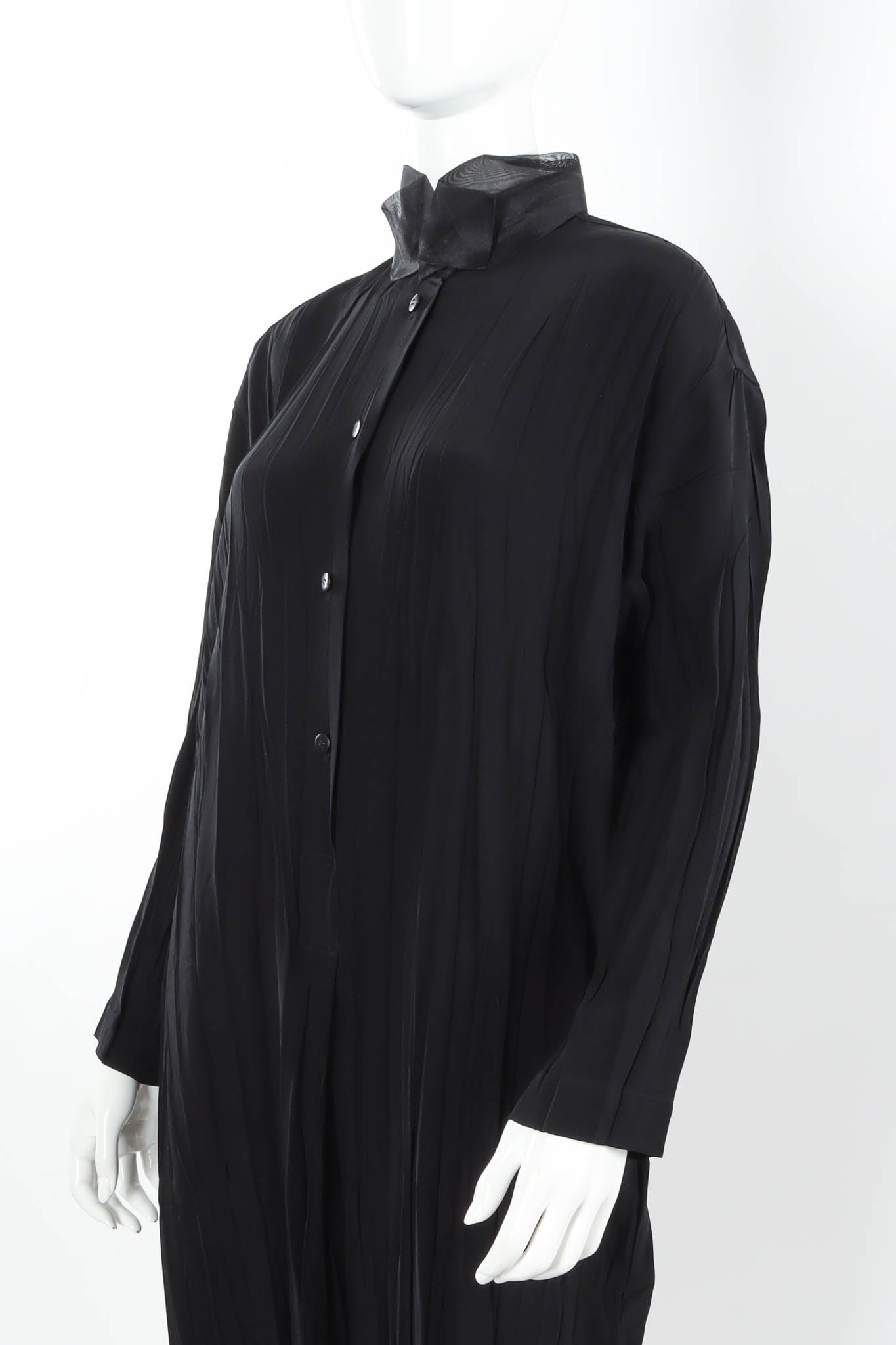 Vintage Issey Miyake Crinkle Pleat Tunic Suit Dress angle close sheer black tie @ Recess Los Angeles