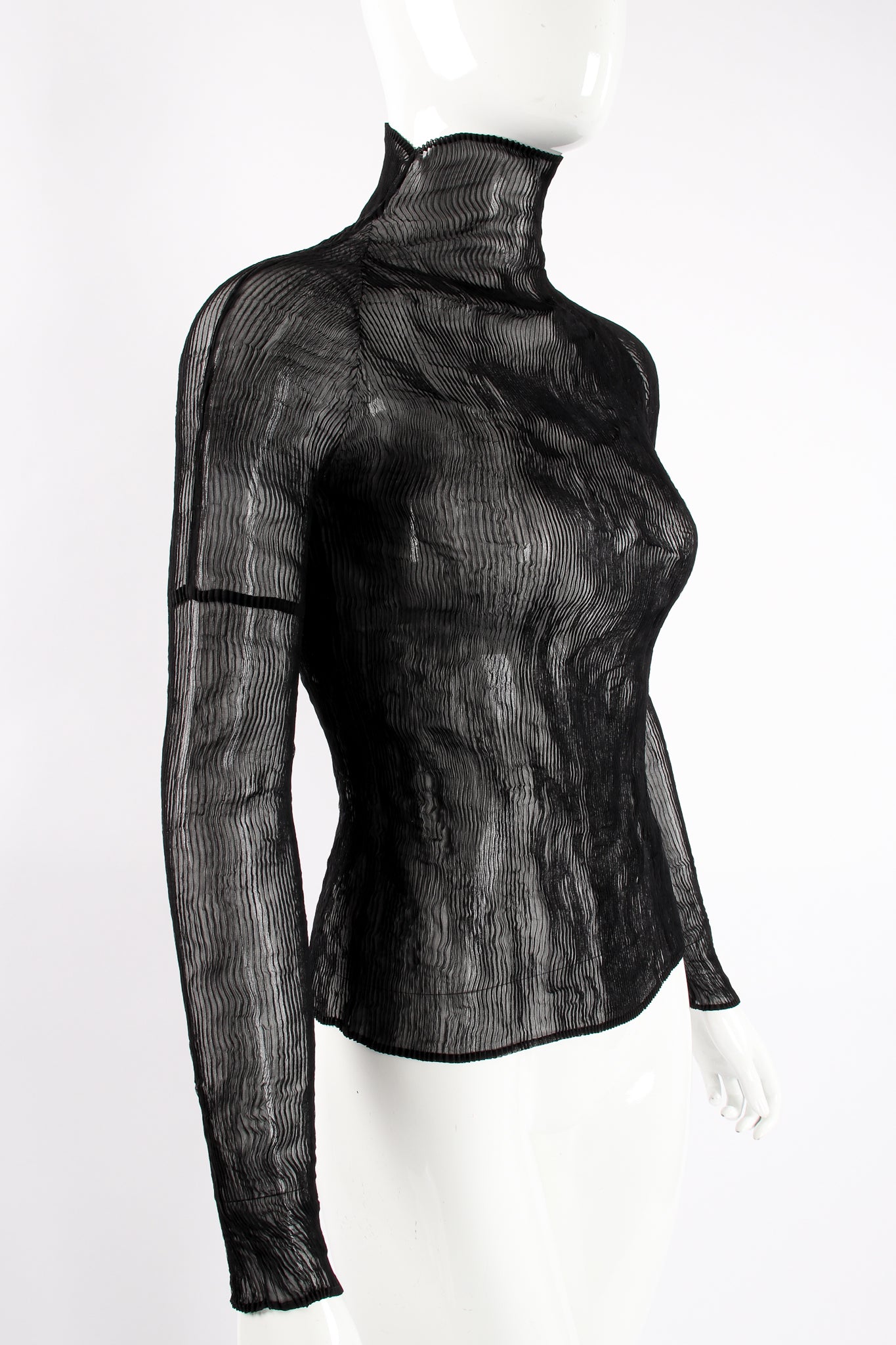 Vintage Issey Miyake Sheer Pleated Tissue Turtleneck on Mannequin angle crop at Recess LA