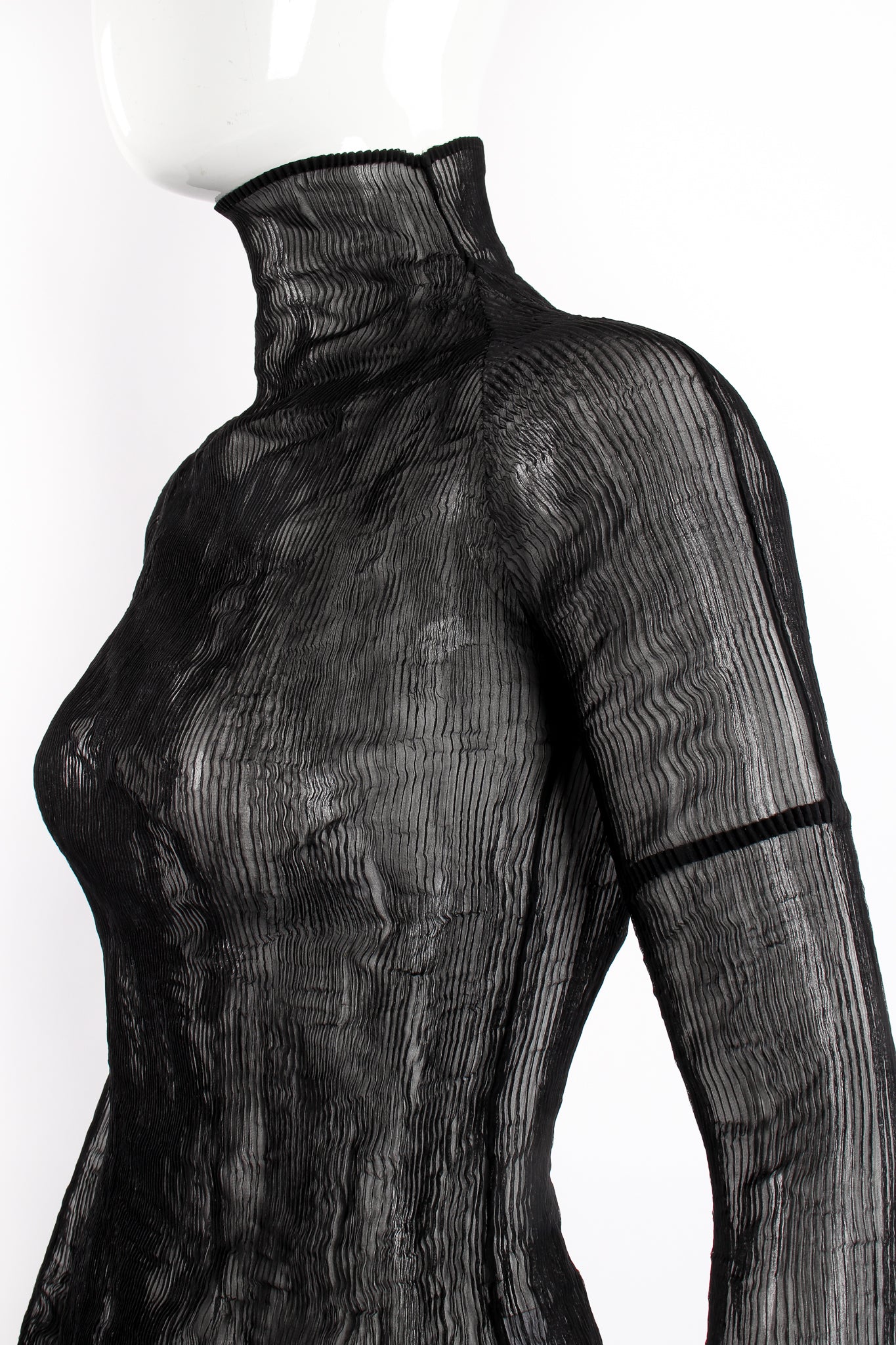 Vintage Issey Miyake Sheer Pleated Tissue Turtleneck on Mannequin angle crop at Recess LA