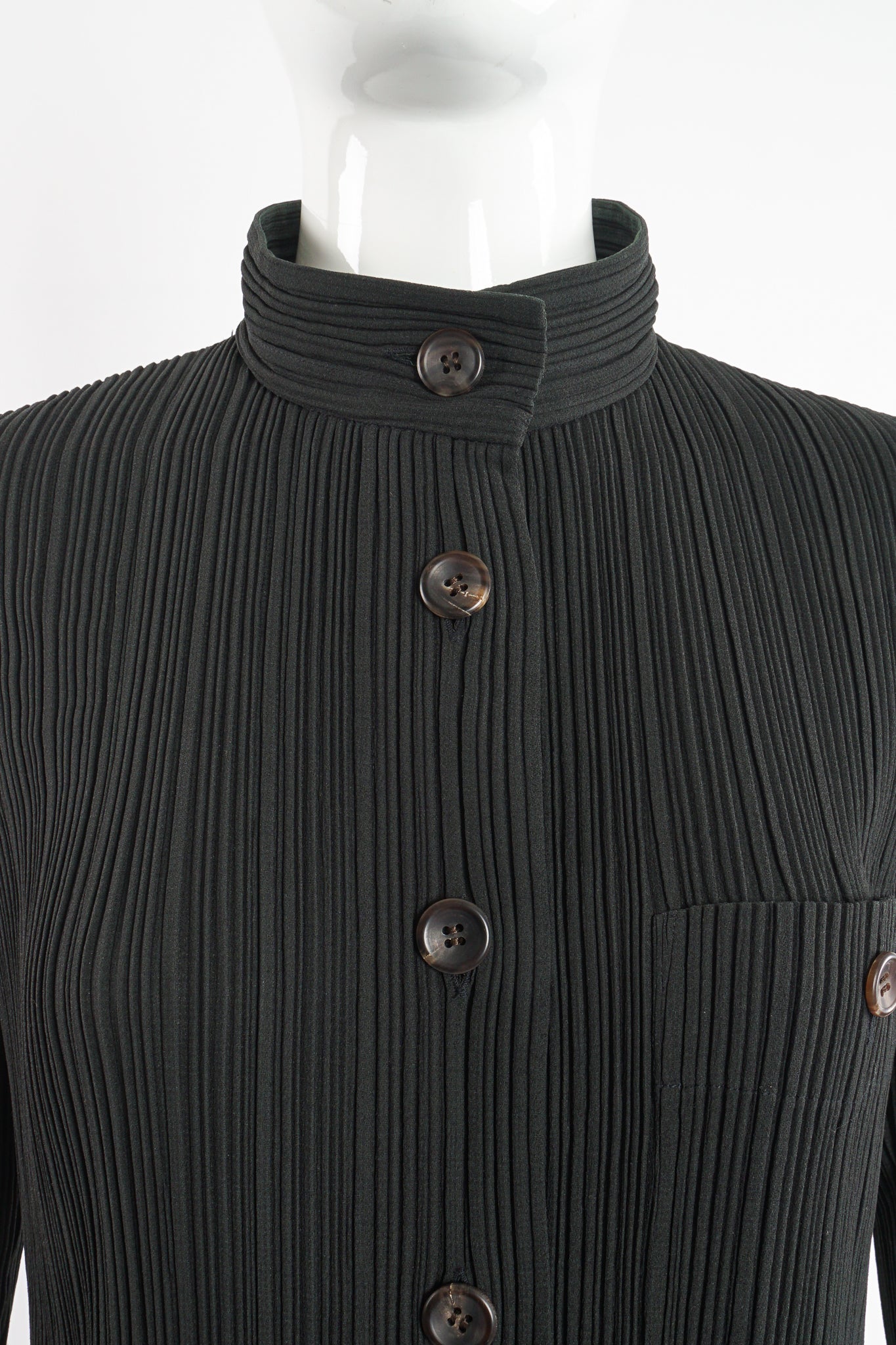 Vintage Issey Miyake Unisex Pleated Shirt Jacket on Mannequin neckline at Recess Los Angeles