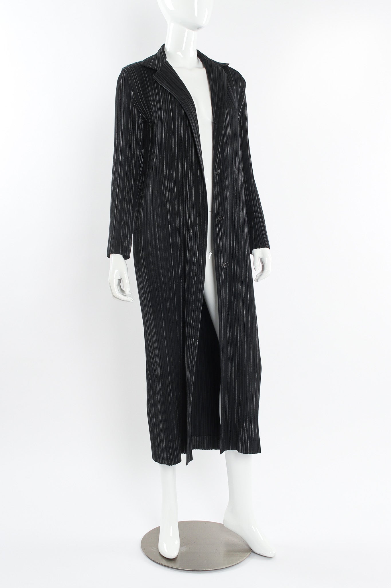 Vintage Issey Miyake Plissé Pleat Pinstripe Duster mannequin angle @ Recess Los Angeles