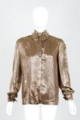 Vintage Jacques Molko Striped Gold Lamé Bow Tie Blouse on Mannequin Front at Recess