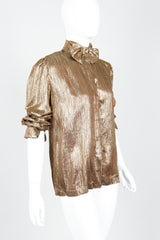 Vintage Jacques Molko Striped Gold Lamé Bow Tie Blouse on Mannequin Side at Recess