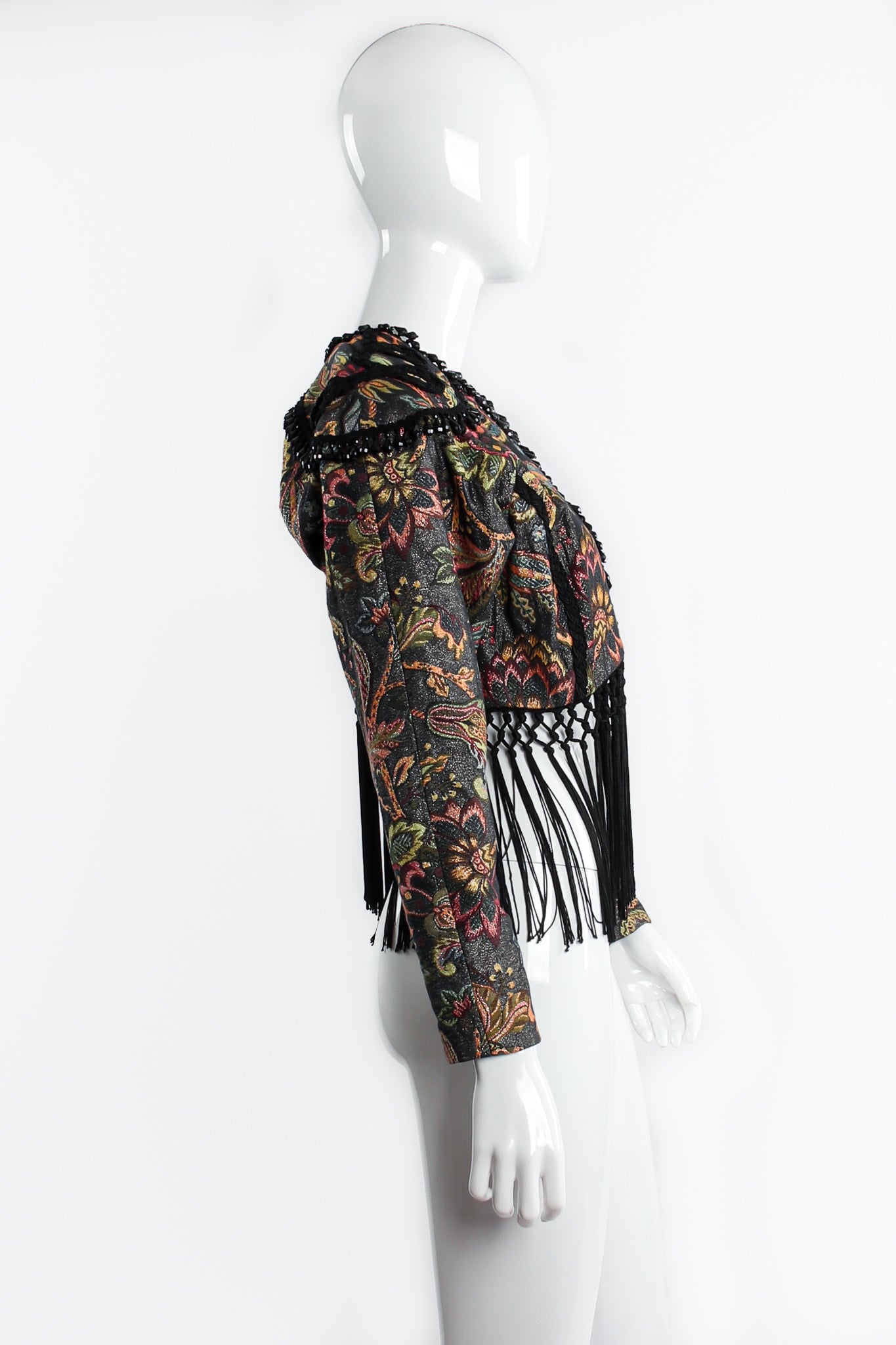 Vintage Janine Fringed Tapestry Matador Bolero Jacket on Mannequin side at Recess Los Angeles