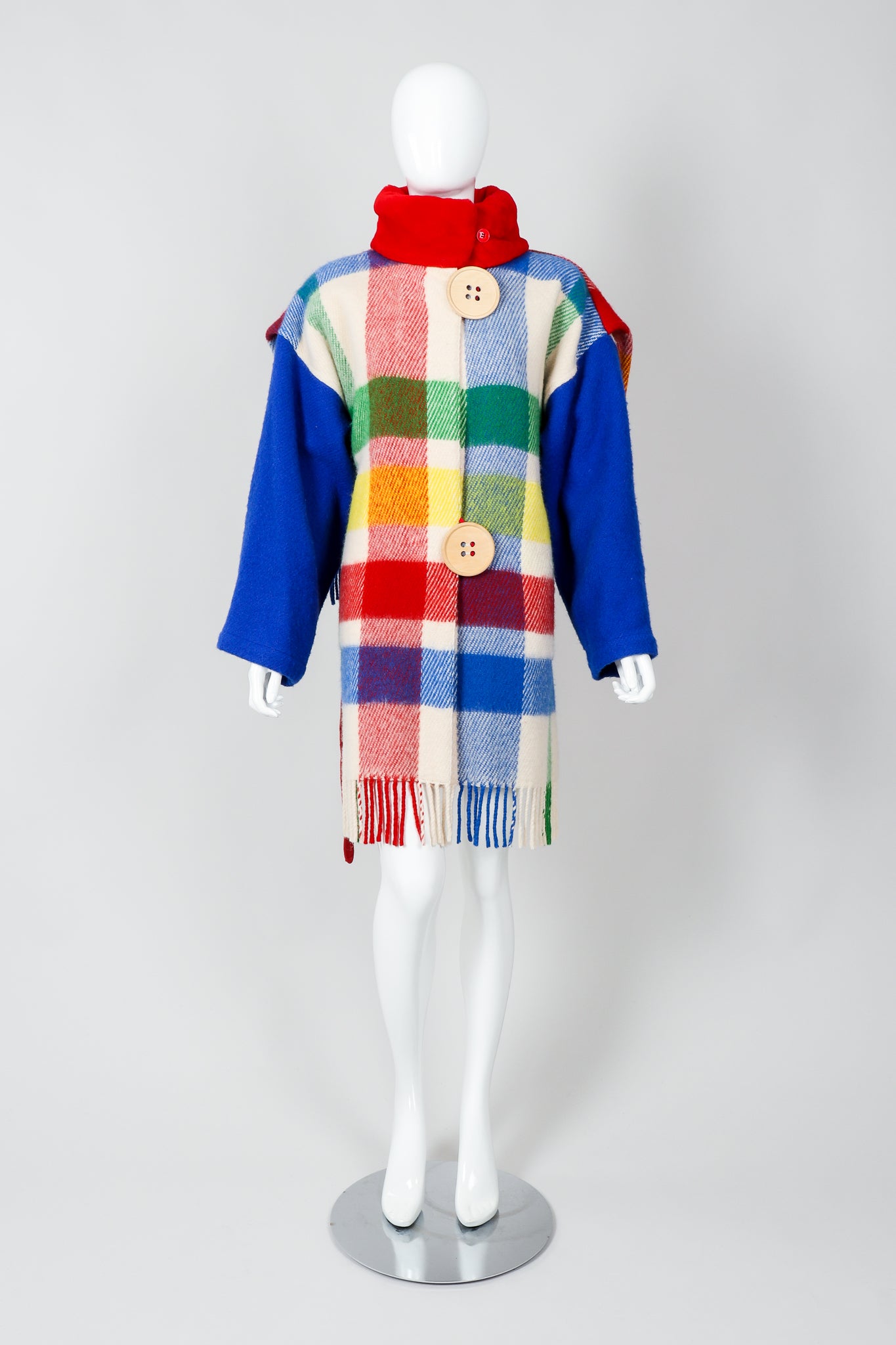 Vintage Jean-Charles De Castelbajac Rainbow Plaid Blanket Coat on Mannequin Front at Recess