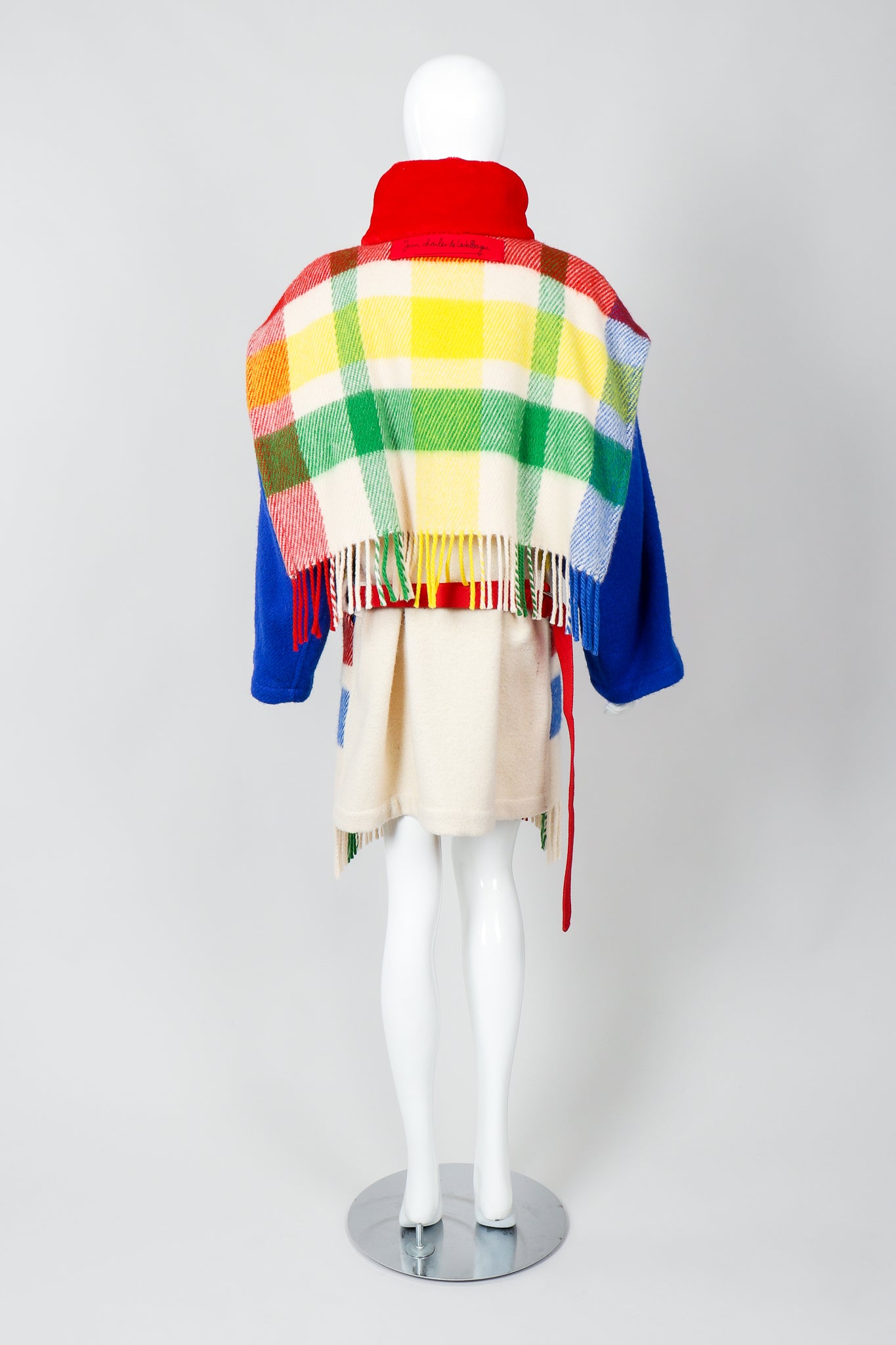 Vintage Jean-Charles De Castelbajac Rainbow Plaid Blanket Coat on Mannequin Back at Recess