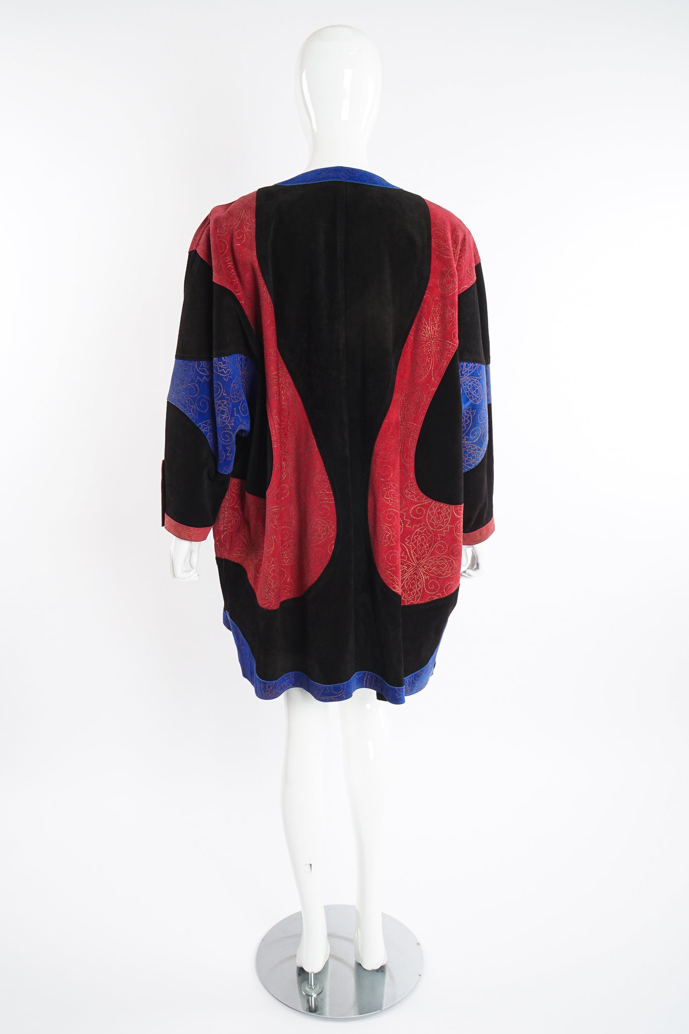 Vintage Jean Muir Suede Colorblock Swirl Cocoon Coat on Mannequin back at Recess Los Angeles