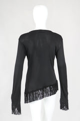 Recess Designer Consignment Vintage Jean Paul Gaultier Femme Mesh Jersey Asymmetrical Suede Fringe Top Outfit Los Angeles Resale