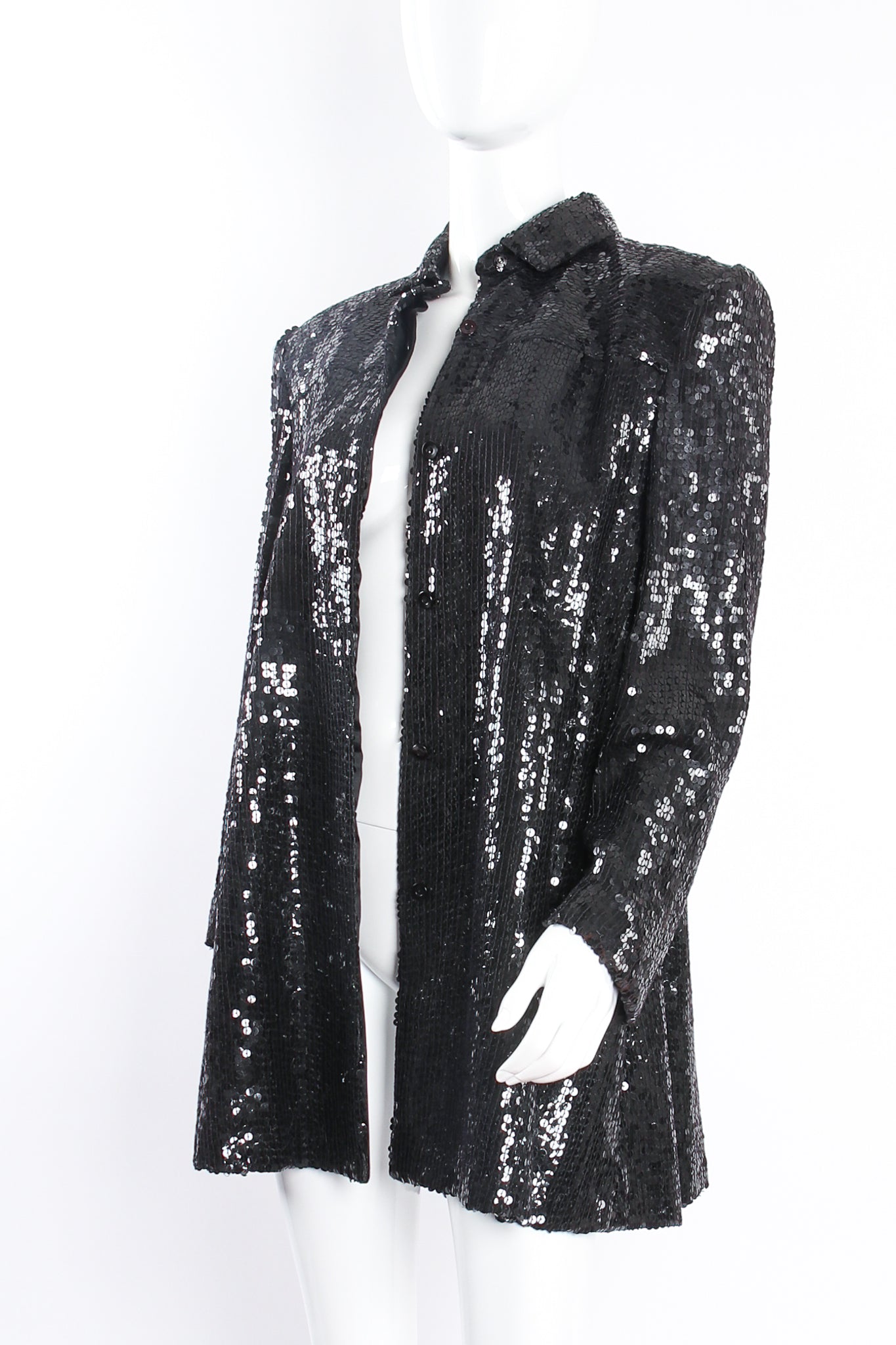 Vintage Jeanette St. Martin Sequined Yoke Swing Jacket on mannequin open at Recess Los Angeles