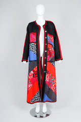 Recess Vintage Jeanne Marc Multicolor Quilted Patchwork Duster Coat on Mannequin, unbuttoned