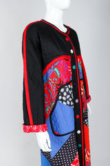 Recess Vintage Jeanne Marc Multicolor Quilted Patchwork Duster Coat on Mannequin, close up