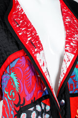 Recess Vintage Jeanne Marc Multicolor Quilted Patchwork Duster Coat on Mannequin, lapels