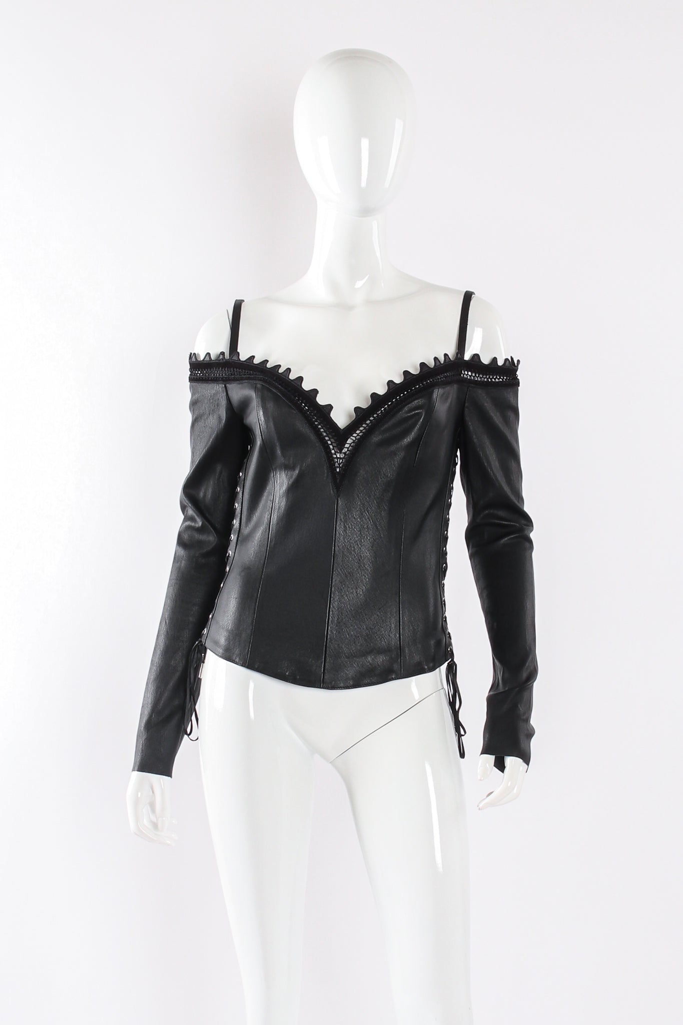 Jean Claude Jitrois Leather Cold Shoulder Corset Top front angle on mannequin at Recess Los Angeles