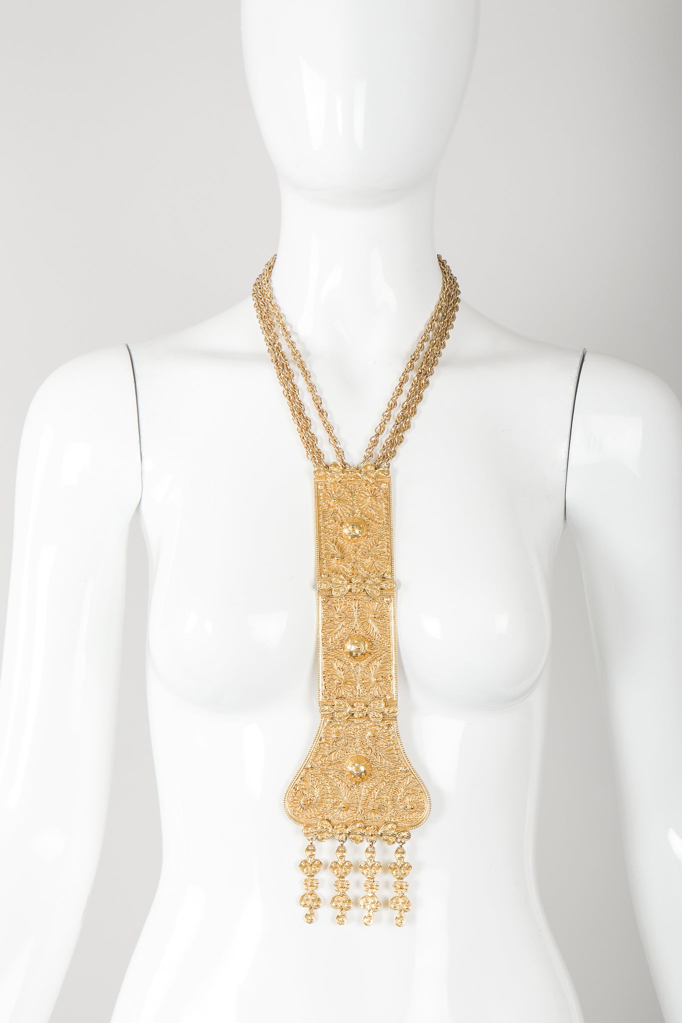 Vintage Judith Leiber Golden Long Filigree Plate Y Necklace on Mannequin