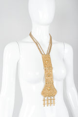 Vintage Judith Leiber Golden Long Filigree Plate Y Necklace on Mannequin