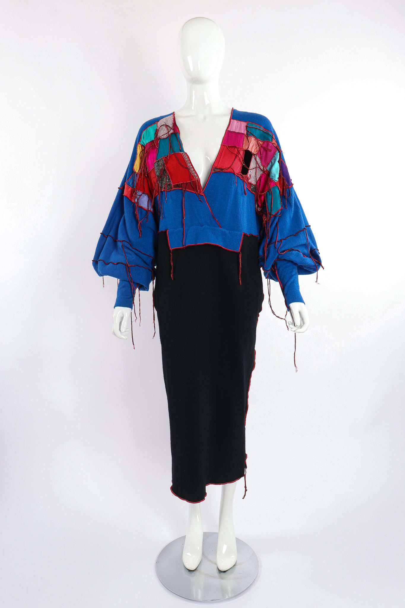 Vintage Just Me Charlene Patchwork Fringe Shift Sweater Dress on Mannequin front at Recess LA