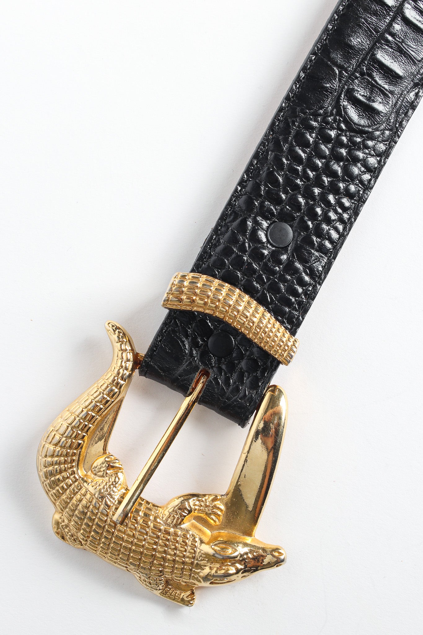 Black reptile leather belt with large alligator buckle by Justin buckle close up @recessla