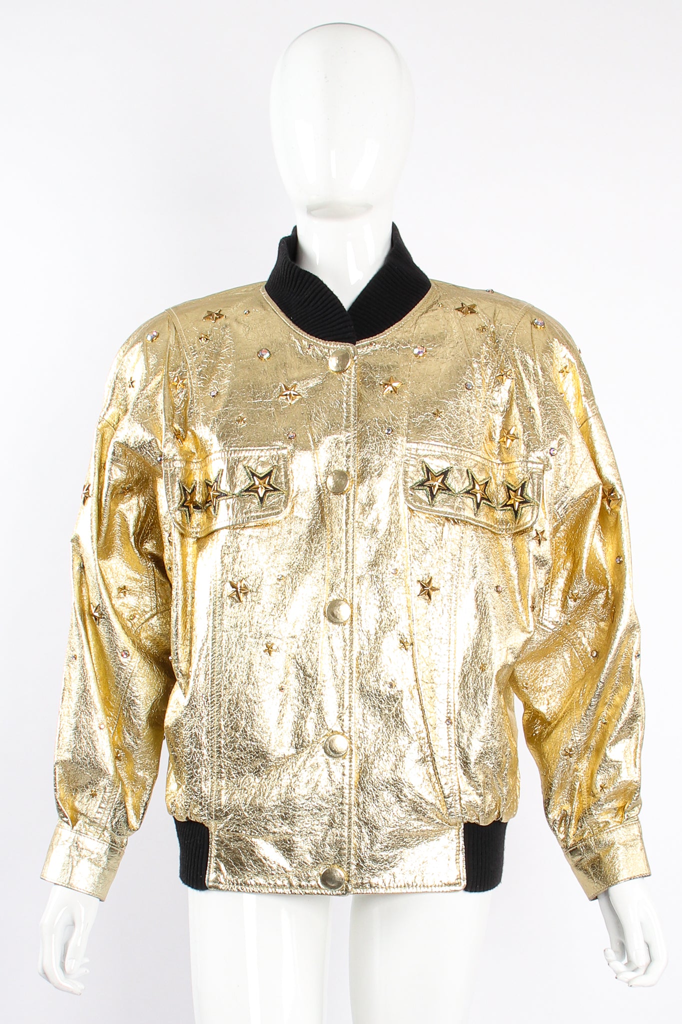 Vintage K.Baumann Studded Gold Leather Bomber Jacket on Mannequin front at Recess Los Angeles