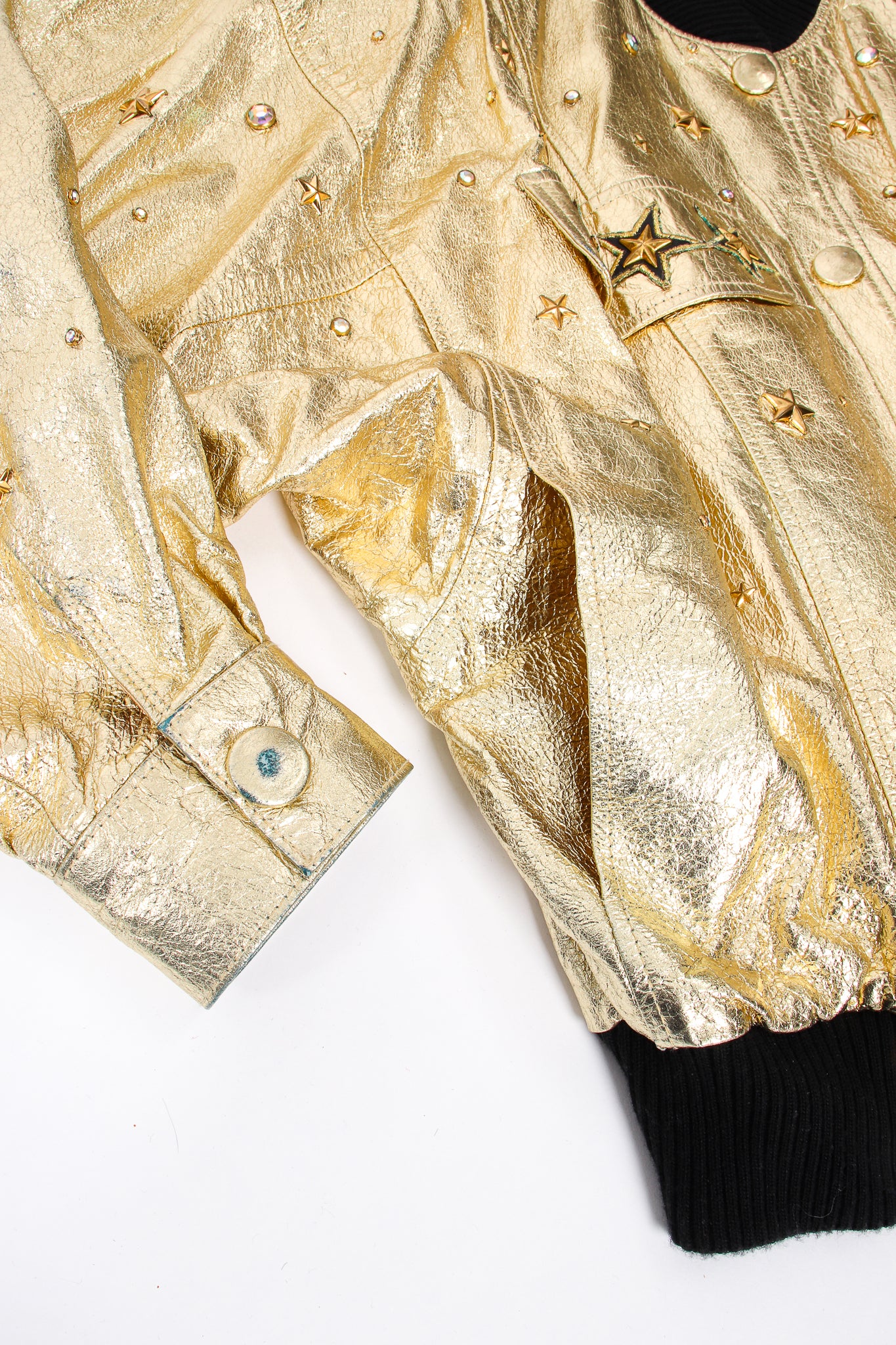 Vintage K.Baumann Studded Gold Leather Bomber Jacket pocket at Recess Los Angeles