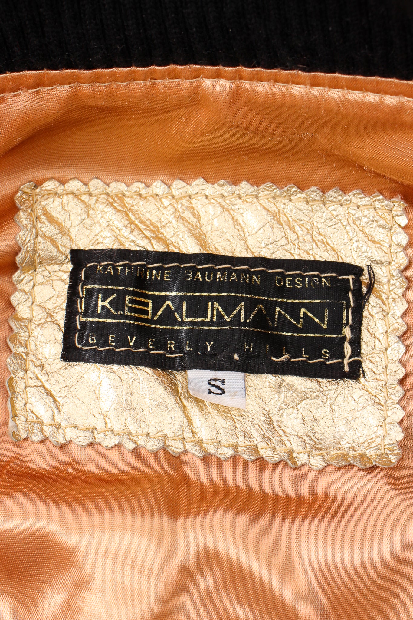 Vintage K.Baumann Studded Gold Leather Bomber Jacket label at Recess Los Angeles
