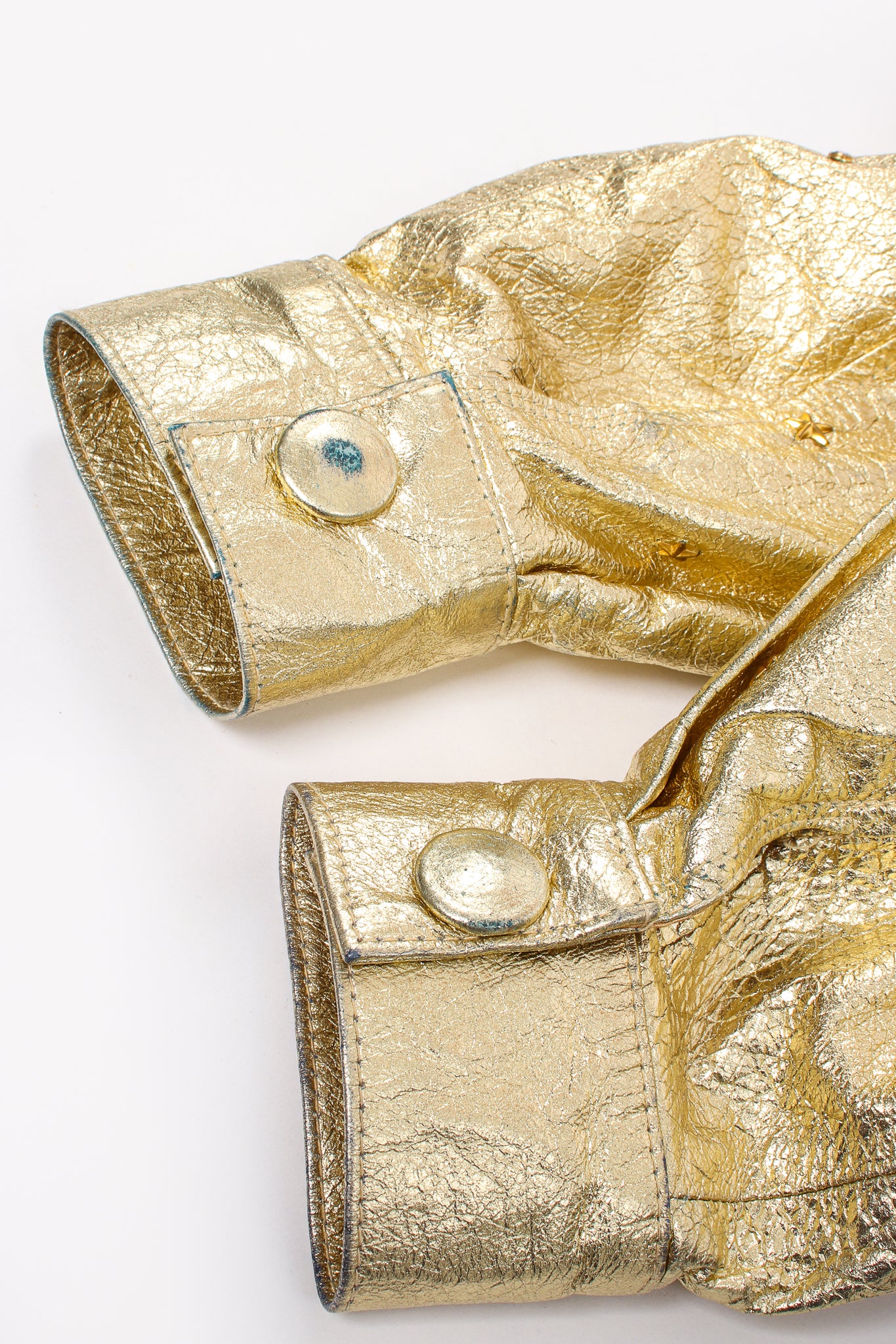 Vintage K.Baumann Studded Gold Leather Bomber Jacket sleeve cuffs at Recess Los Angeles
