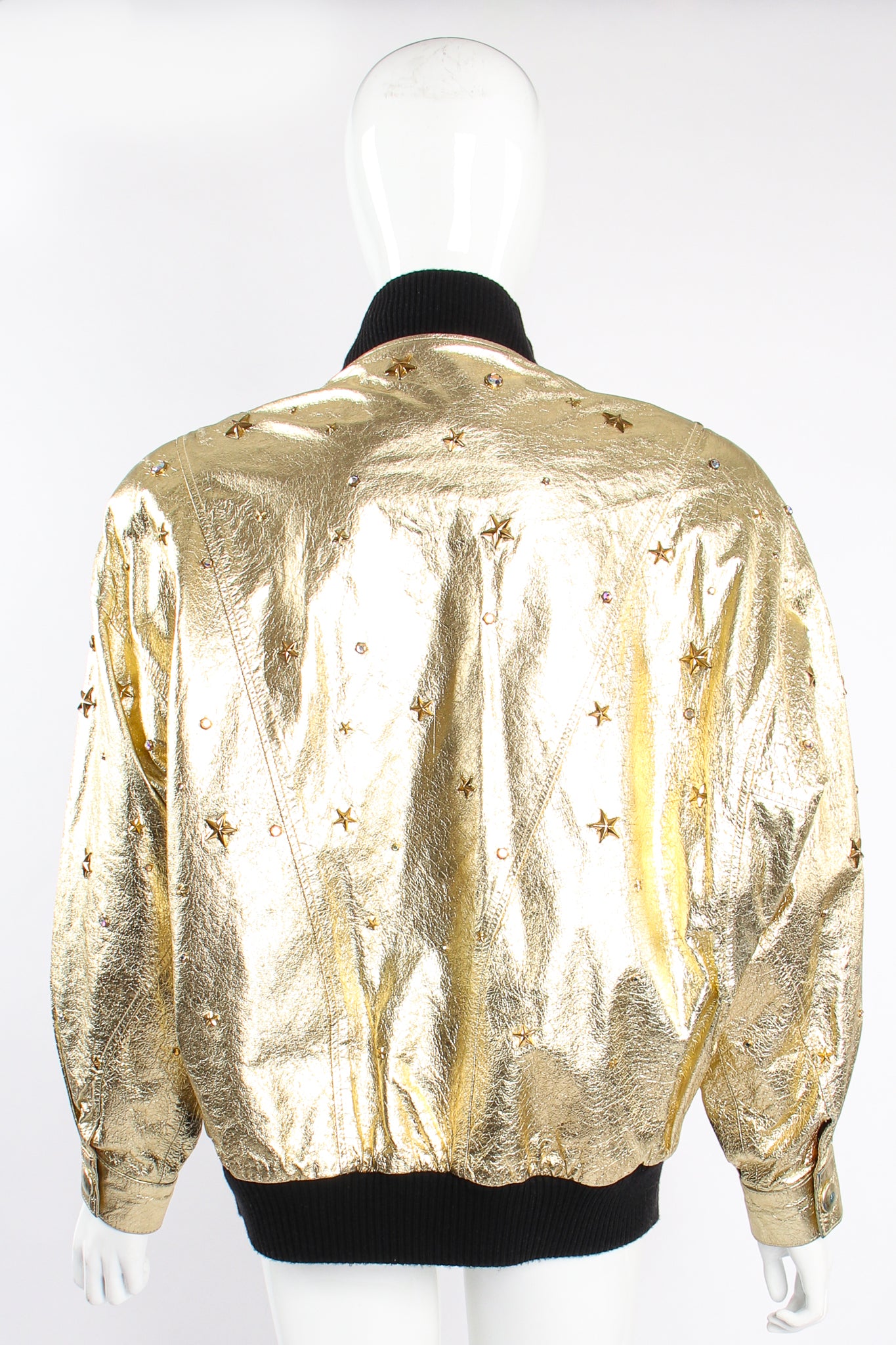 Vintage K.Baumann Studded Gold Leather Bomber Jacket on Mannequin back at Recess Los Angeles