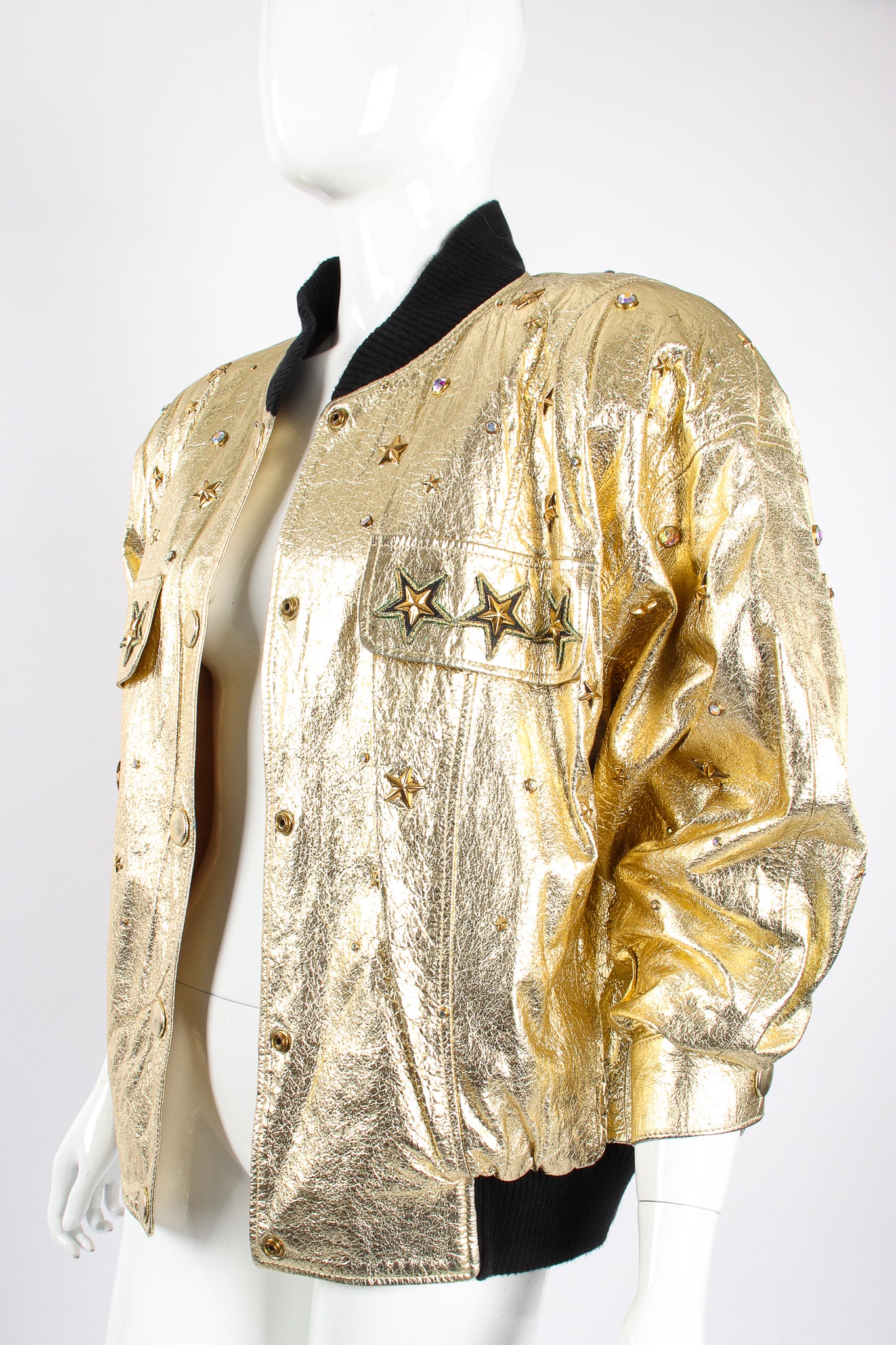 Vintage K.Baumann Studded Gold Leather Bomber Jacket on Mannequin angle at Recess Los Angeles