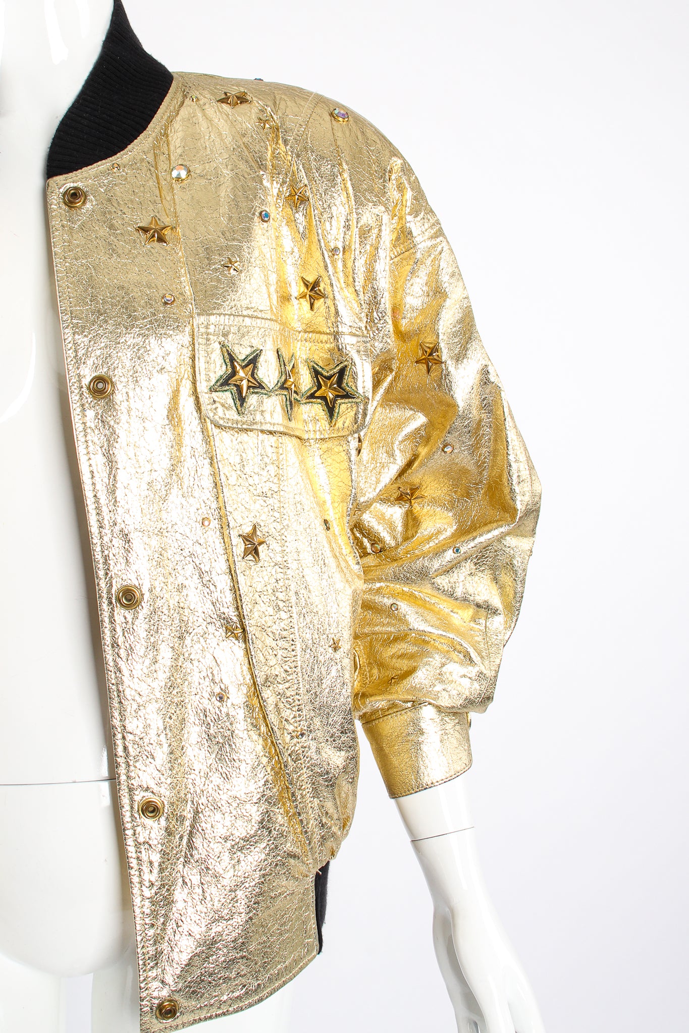 Vintage K.Baumann Studded Gold Leather Bomber Jacket on Mannequin side at Recess Los Angeles